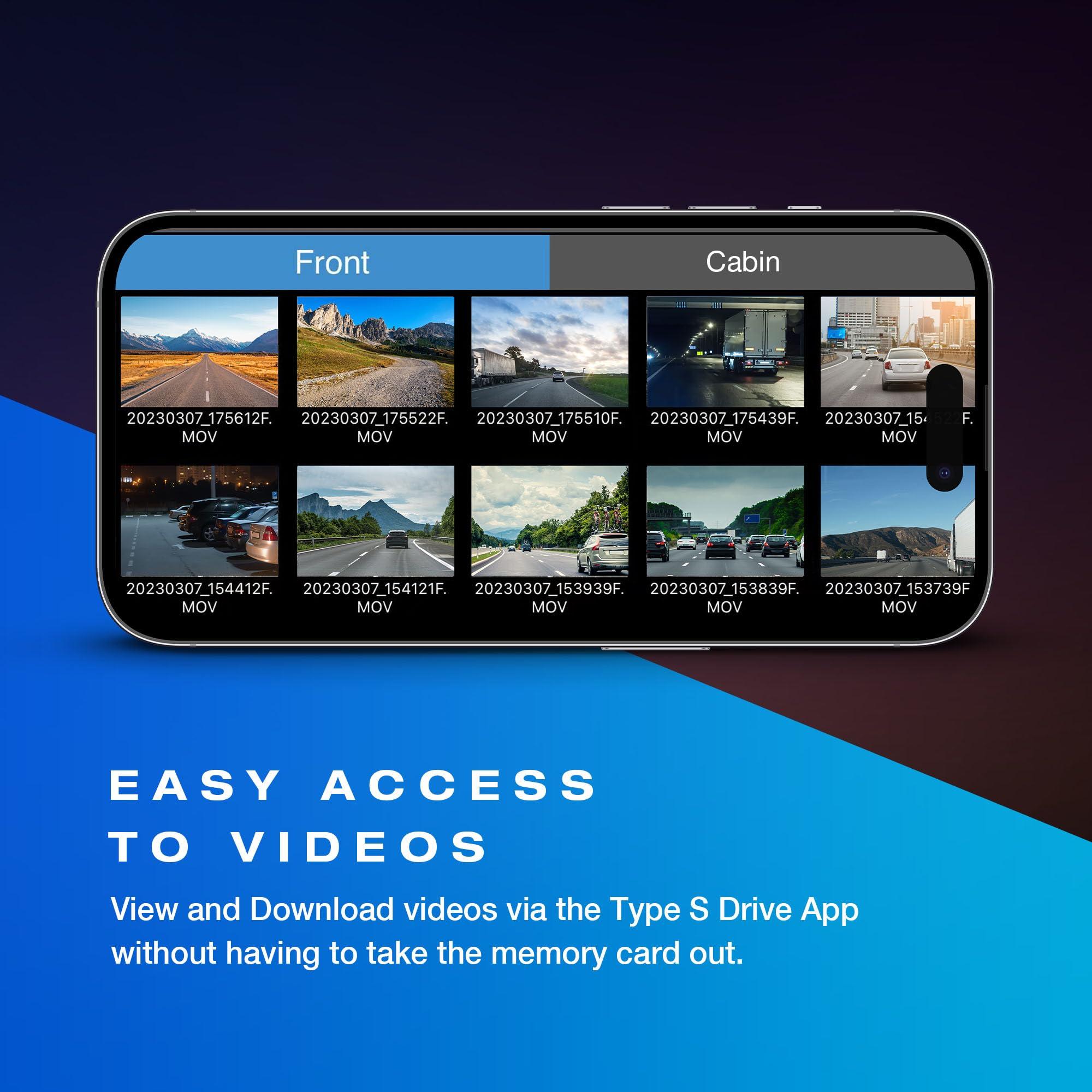 TYPE S TOURING ITEMS Type S S402 4K Dual View Car Dash Cam with 1080P Interior Surveillance Infrared Camera, Wireless Video Access via App Control, 24H Smart G-Sensor Monitoring, Night Vision, 16GB Memory Card Included