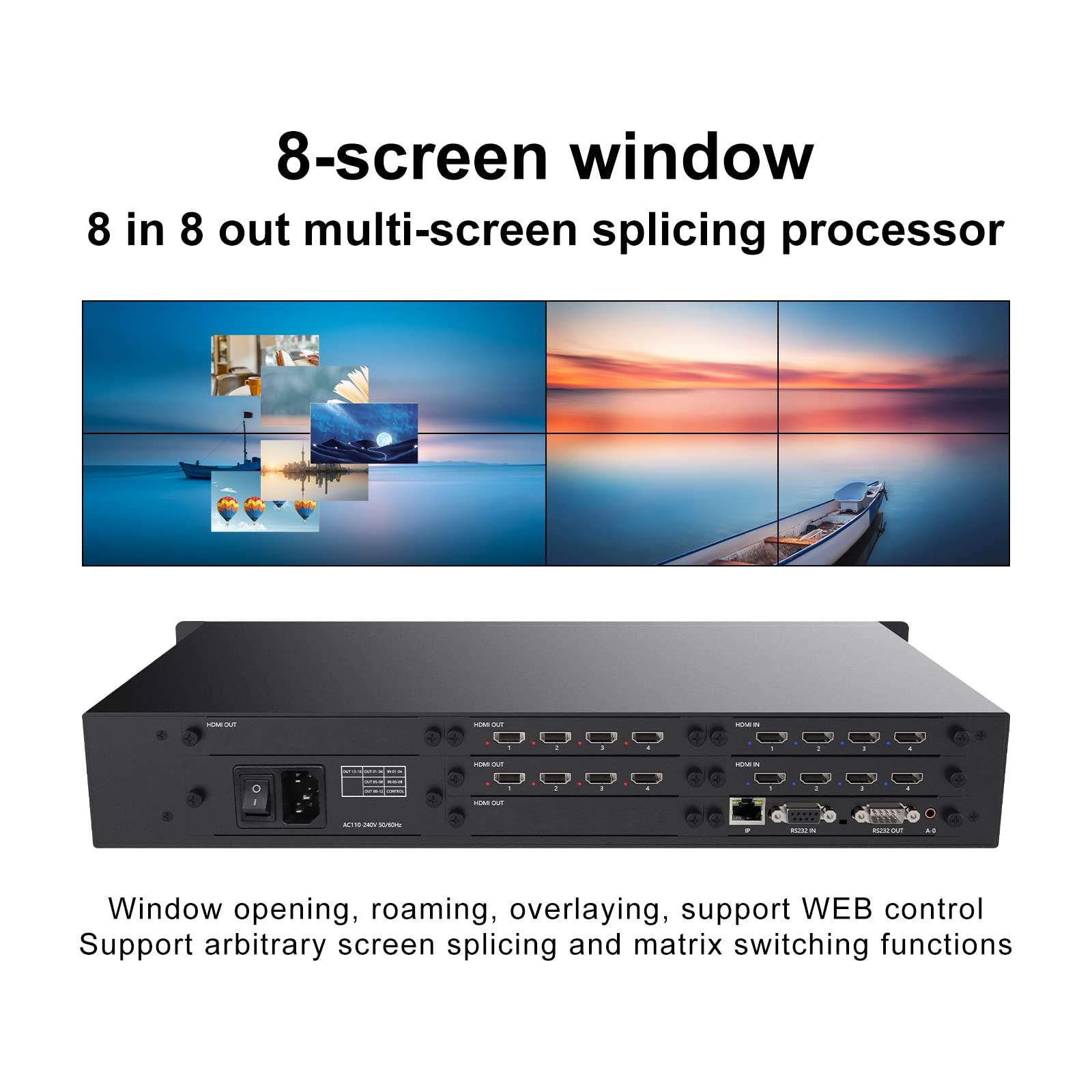ICUIXIAN 4K ICUIXAIN Video Wall Controller 4x2 Multi-View Seamless Matrix Switcher 8x8 RGB4:4:4 (8x8 HDMI Matrix and Video Wall 2x4) IP Ports, RS232 Software, Web Control, Audio, Screen Overlay, Roaming