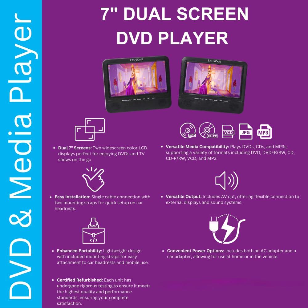 PROSCAN Proscan 7\" Dual Screen Portable CD DVD Player with SD Card slot, USB, 3.5mm, For Family Road trips, Vacations, or on the Go PDVD7751 - Black (Renewed)