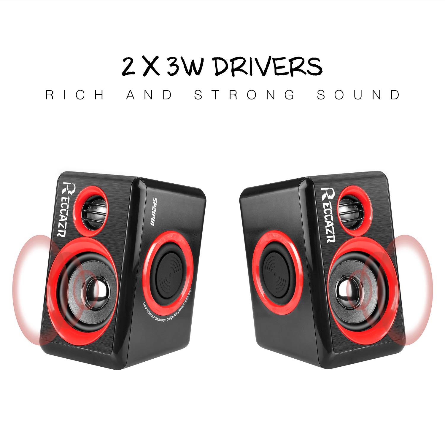 RECCAZR Computer Speakers, 2.0 CH PC Speakers with Surround Sound, USB Wired Laptop Speakers with Deep Bass for Desktop Computer/PC/Laptops/Smart Phone Build-in 4 Loudspeaker Diaphragm Reccazr SP2040|RED