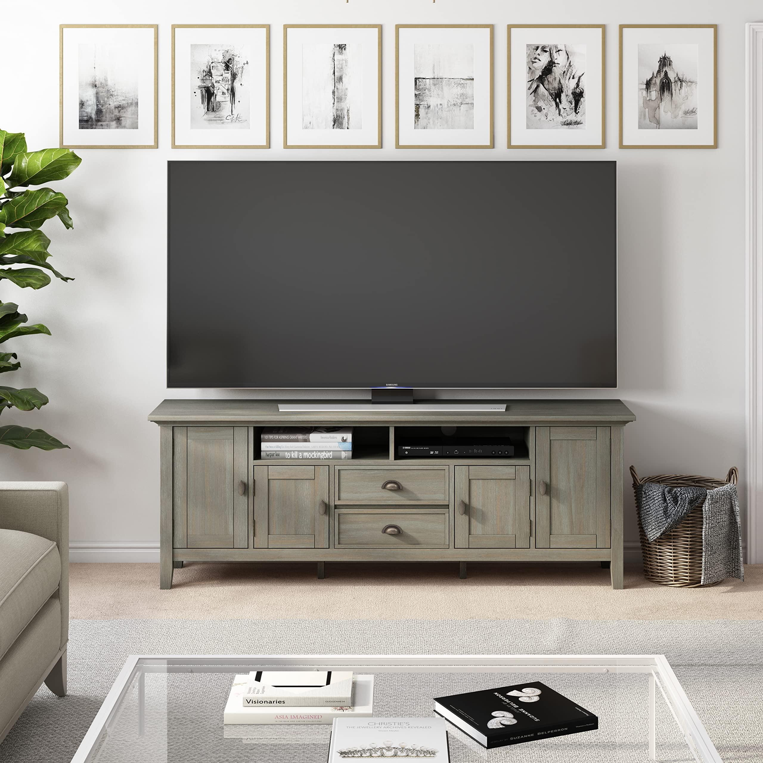 SIMPLIHOME SIMPLIHOME Redmond SOLID WOOD Universal TV Media Stand, 72 inch Wide, Transitional, Living Room Entertainment Center with Storage, for Flat Screen TVs up to 80 inches in Distressed Grey