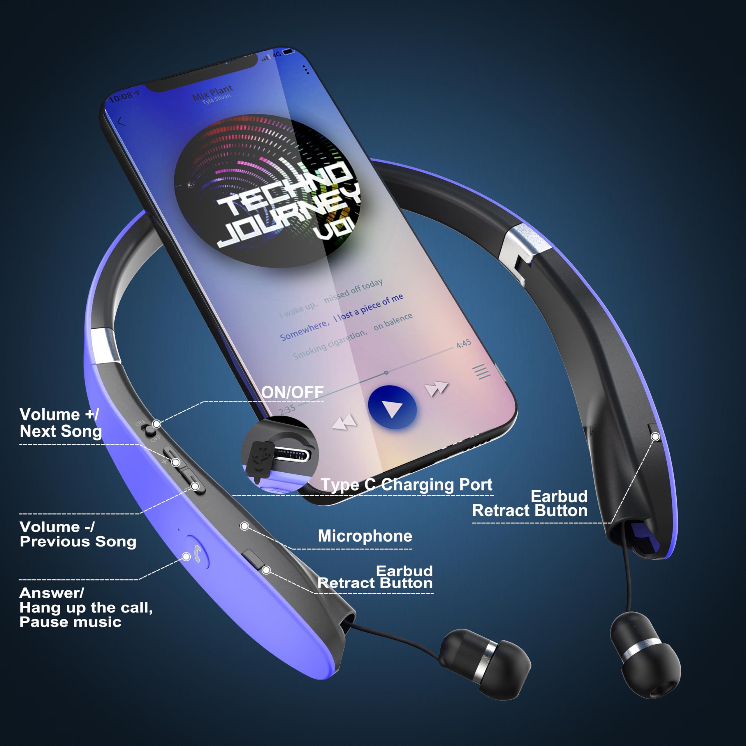 AMORNO AMORNO Foldable Bluetooth Headphones Wireless Neckband Headset with Retractable Earbuds, Sports Sweatproof Noise Cancelling Stereo Earphones with Mic