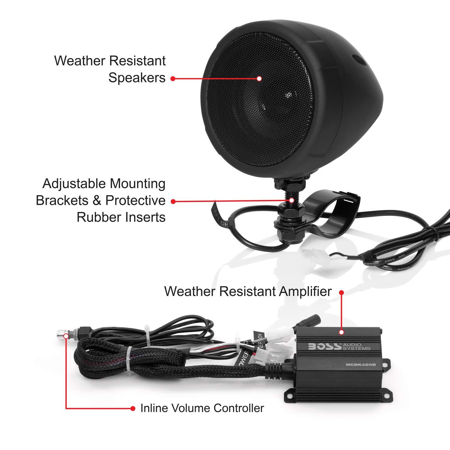 BOSS Audio Systems BOSS Audio Systems MCBK420B Bluetooth Speaker System - Class D Compact Amplifier, 3 Inch Weatherproof Speakers, Volume Control, Great for Use with ATVs/Motorcycles, 12 Volt Vehicles