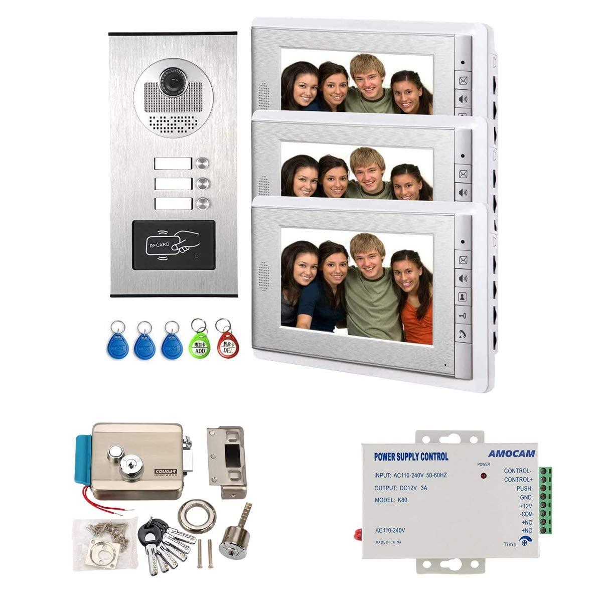 AMOCAM AMOCAM Apartment Video Intercom System and Electric Control Door Lock and 12V Power Supply Control, Support Keyfob Unlock for 3 Units Apartment Household