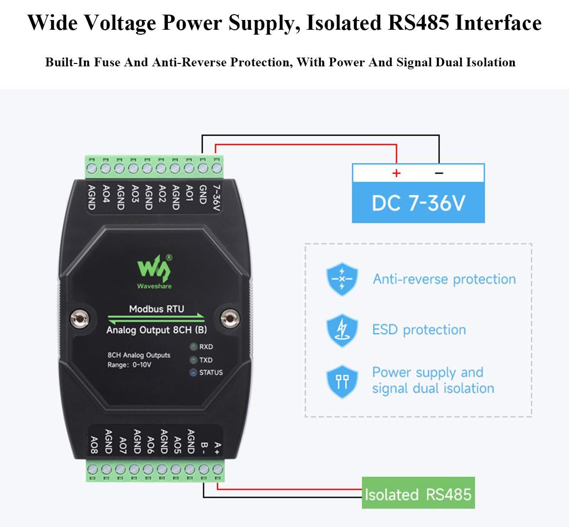 UeeKKoo Industrial 8-Ch Analog Output Module 12-bit DA Conversion DC 7~36V Wide Voltage Power Supply, Sending Modbus RTU Protocol Commands via RS485, 8-CH Simultaneous Current Output (0~20mA)