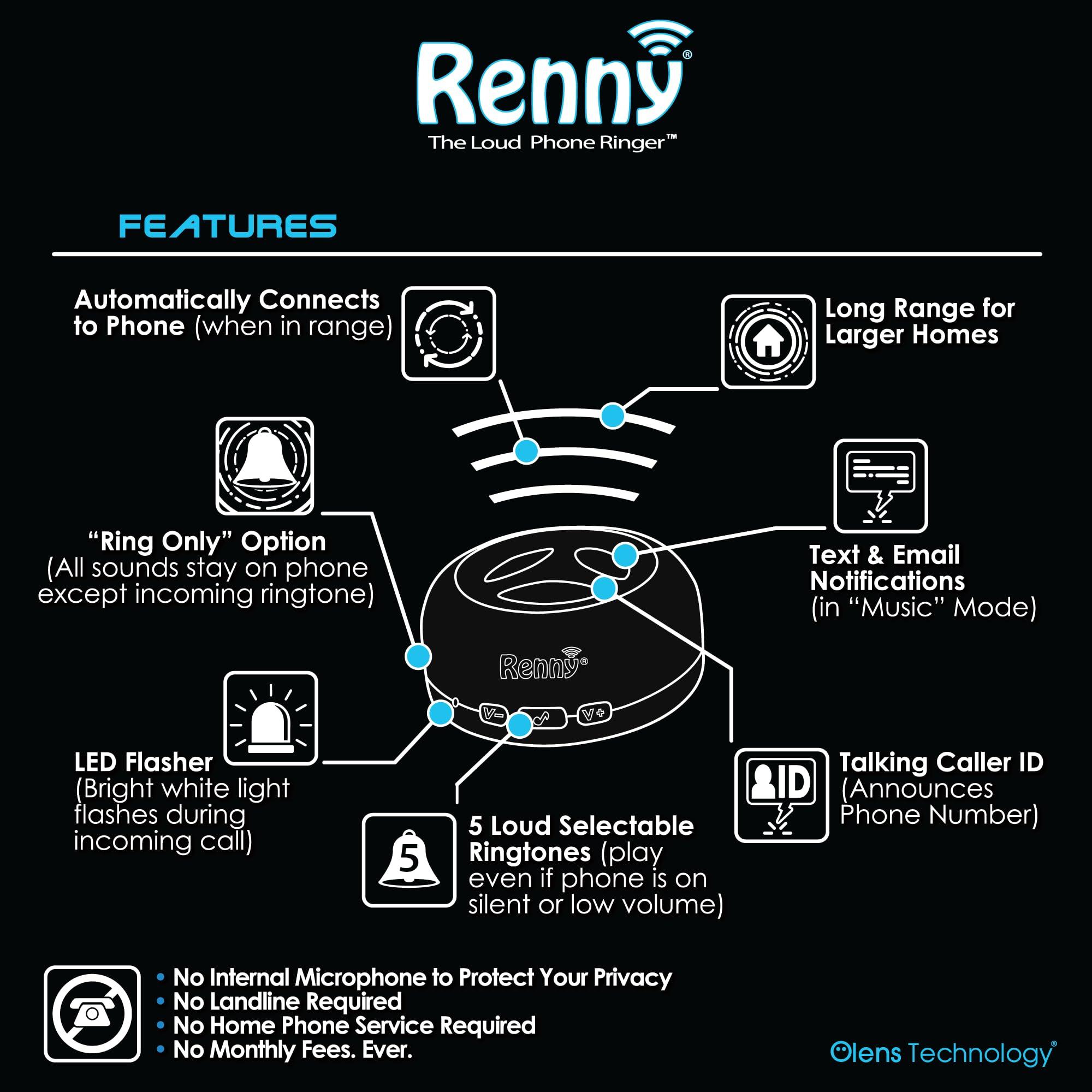 RENNY Renny - The Loud Cell Phone Ringer, Amplifier & Flasher for The Hearing Impaired (117dB) | Auto-Connects Wirelessly via Bluetooth | External Ringtones | Text/Email Notifications | Talking Caller ID