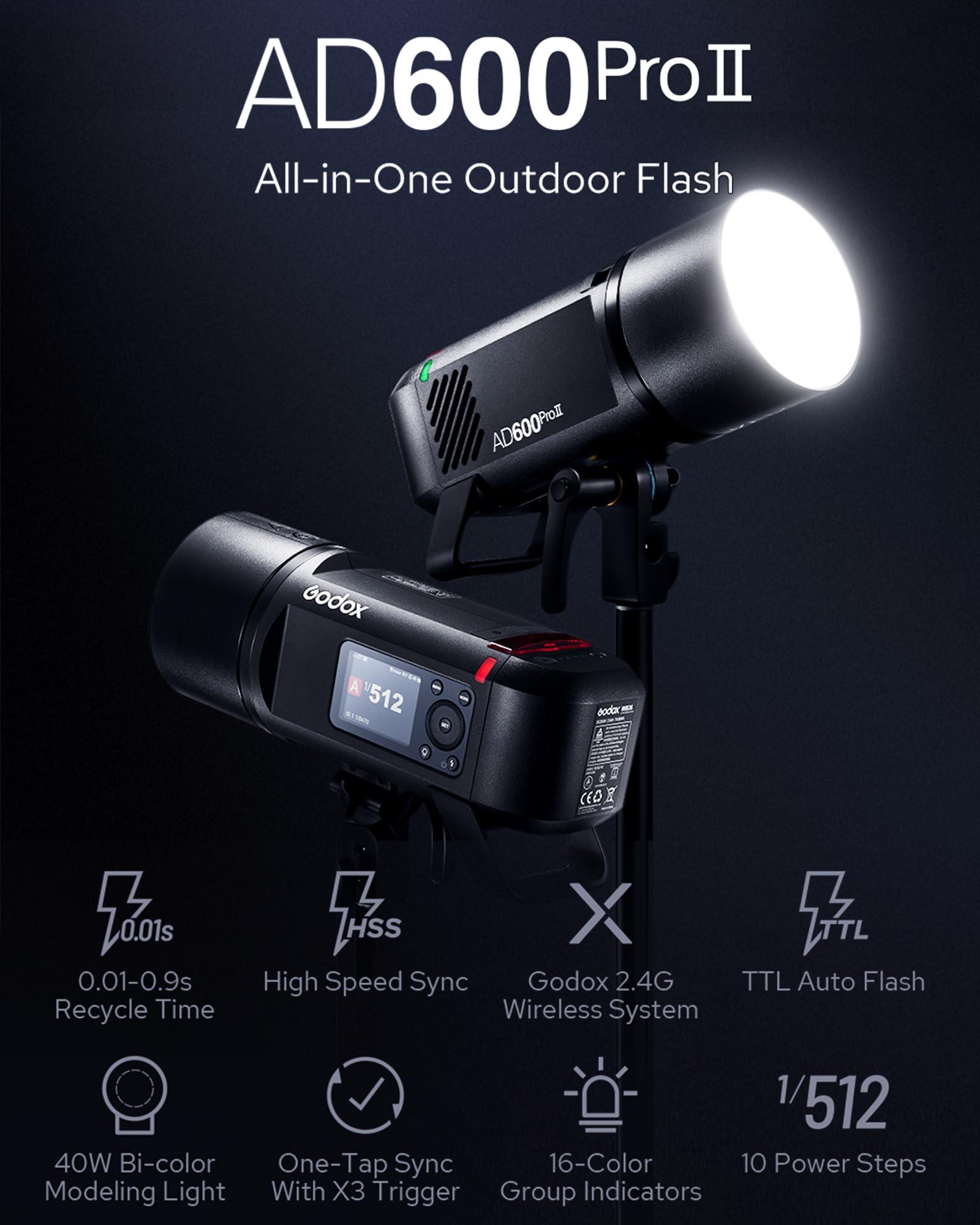 GODOX Godox AD600 Pro II Strobe Light Photography,AD600Pro 600Ws Outdoor Studio Flash Monolight,TTL 2.4G Wireless System,40W Bi-Color LED Modeling Light Compatible with Canon Nikon Sony Olympus FUJIFILM