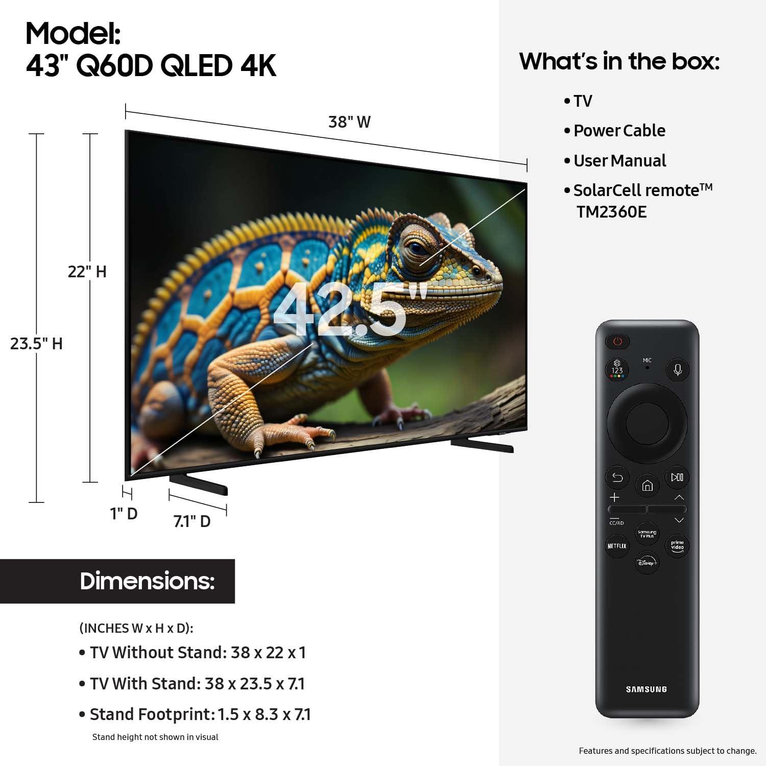 Samsung Samsung 43-Inch Class QLED 4K Q60D Series Quantum HDR Smart TV w/Object Tracking Sound Lite, Motion Xcelerator, Slim Design, Gaming Hub, Alexa Built-in (QN43Q60D, 2024 Model)