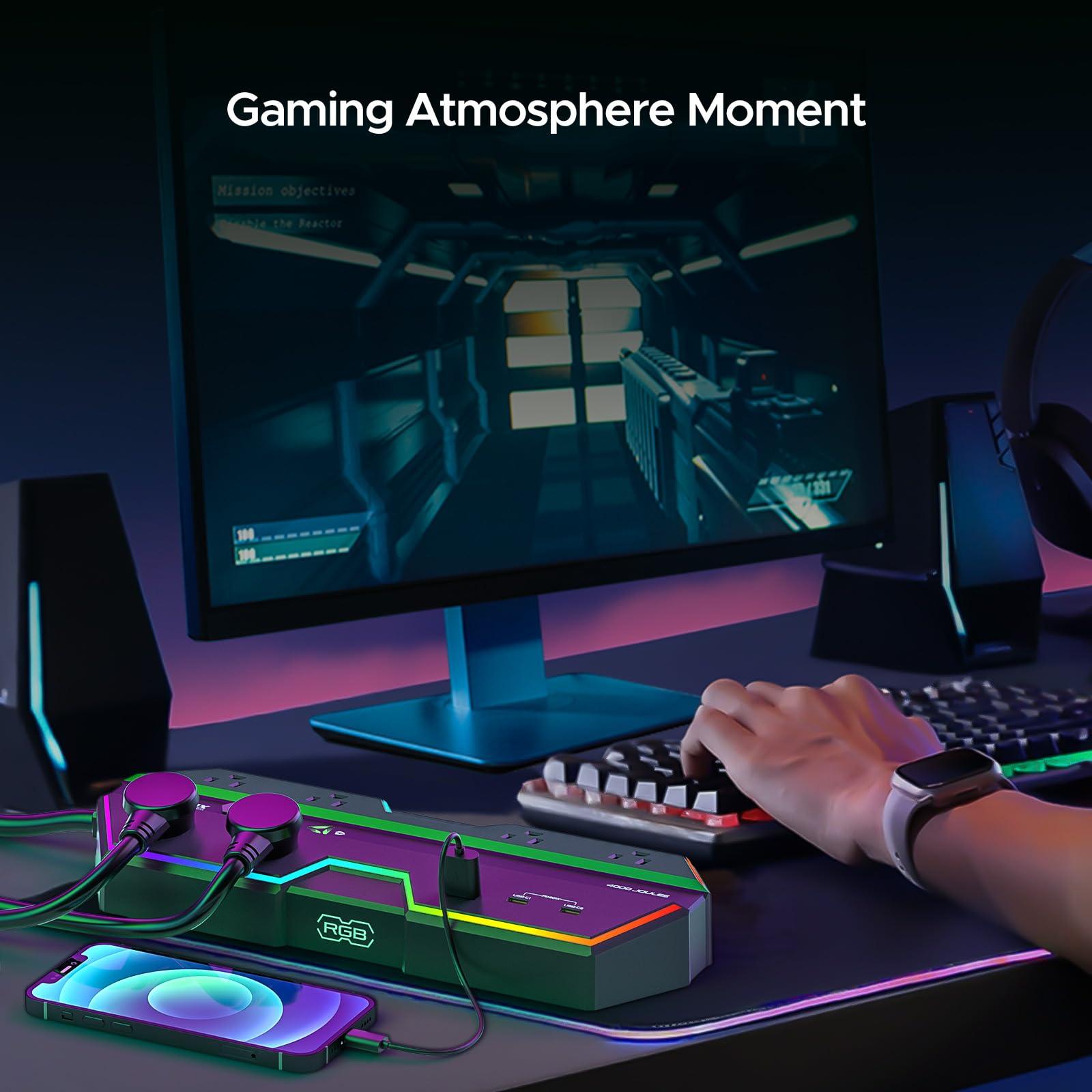 Green Box Innovations 4000J Surge Protector Power Strip with USB Ports, 6 Outlet Power Strip with RGB Lights and PD 20W Fast Charging, Wide-Spaced Outlet Perfect for e-Sports, Game PC, Home and Offices