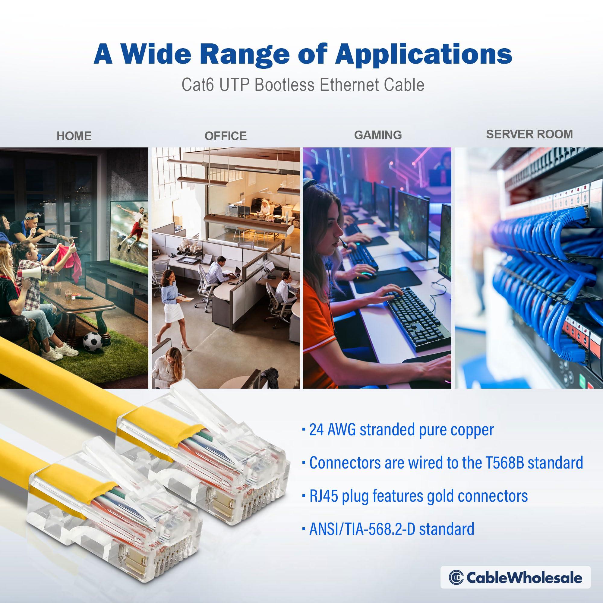 CableWholesale CableWholesale 50 Foot Cat6 Yellow Ethernet Patch Cable, Bootless, 24AWG Network Cable with RJ45 Gold Plated Connector, 4 Pair Stranded Bare Copper, Unshielded Twisted Pair (UTP) Internet Patch Cable