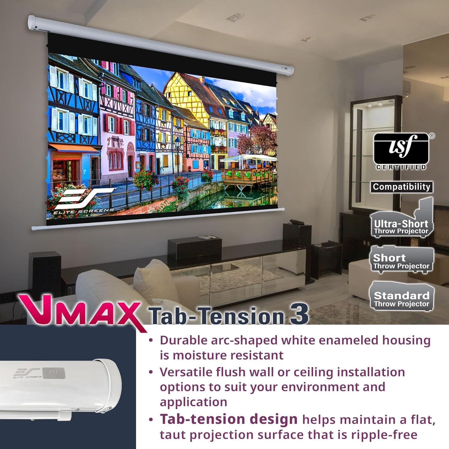 Elite Screens Elite Screens VMAX Tab Tension 3 Series, 120-INCH Electric Motorized Projector Screen Movie Home Theater Gaming, VMAXT120XWH3