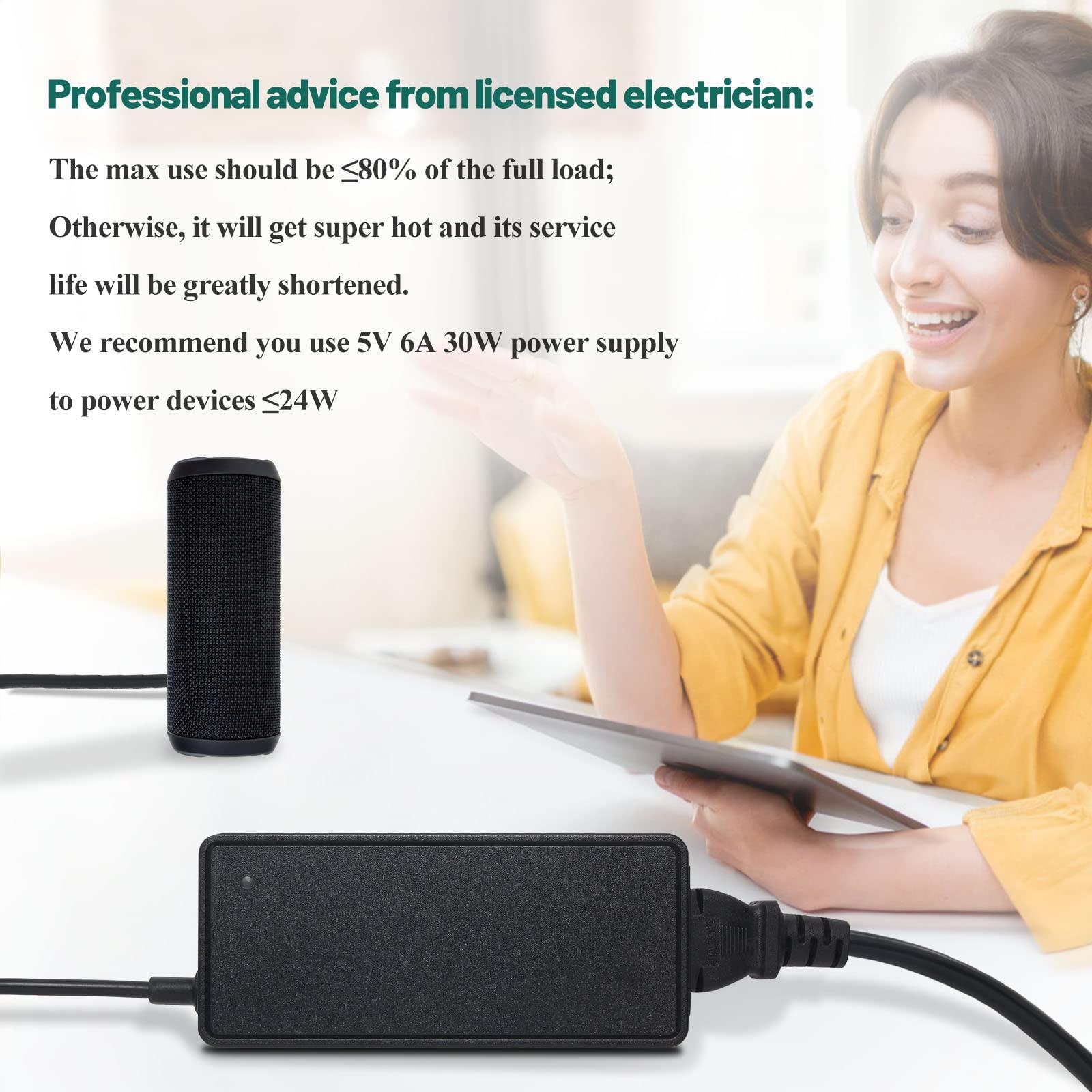 YOOFONE YOOFONE 5V 6A Power Supply, 30W Switching Power Adapter AC 100-240V to DC 5 Volt 6A 5A 4A 3A 2A 1A Transformers Tip 5.5x2.5mm for LED Strips CCTV Cameras