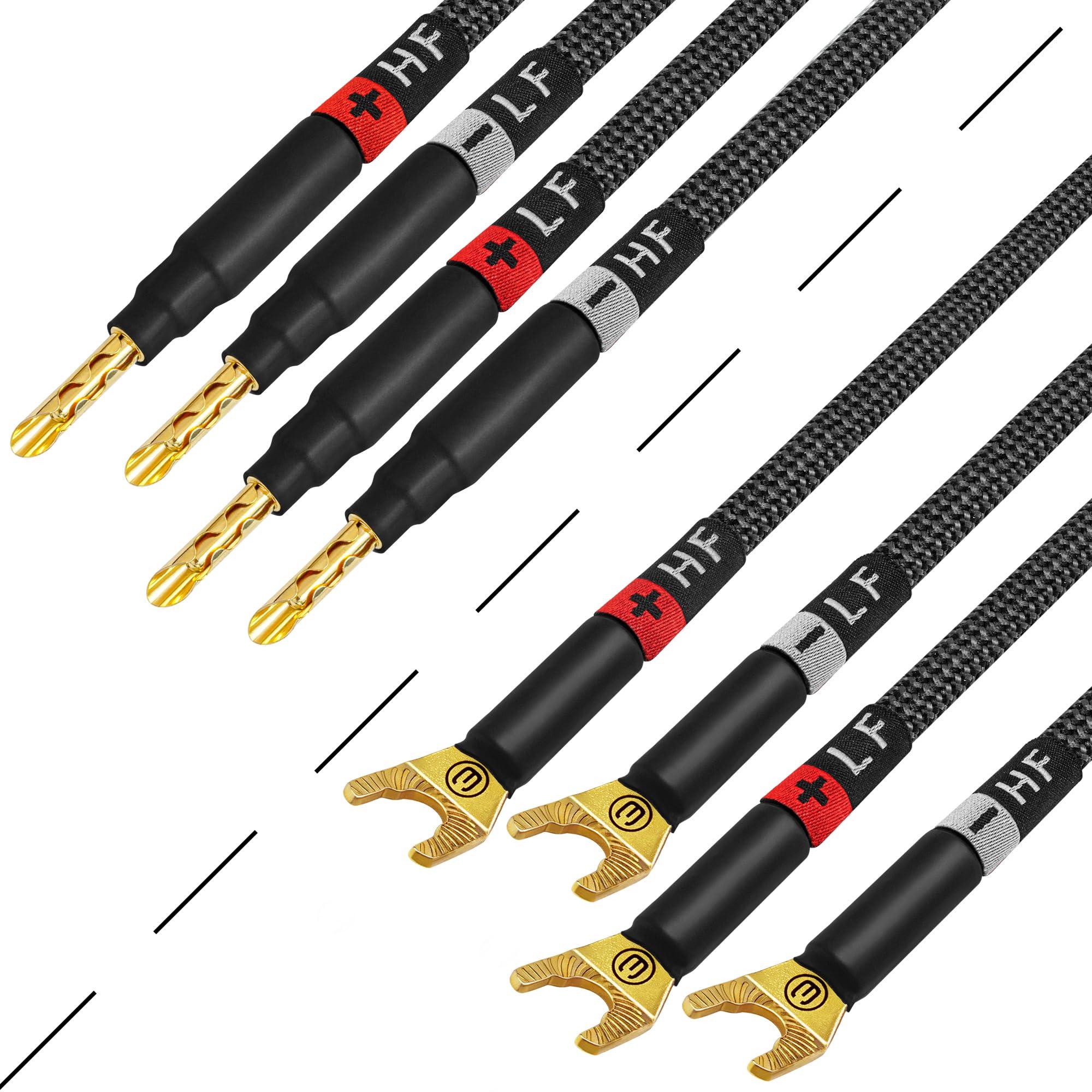 WORLDS BEST CABLES WORLDS BEST CABLES 6 Foot Ultimate - 9 AWG - Ultra-Pure OFC - Extra Premium Audiophile HiFi Bi-Amp Speaker Cable Pair with Eminence Gold Banana (x4) & Spade (x4) Plugs & Carbon Tweed Jacket