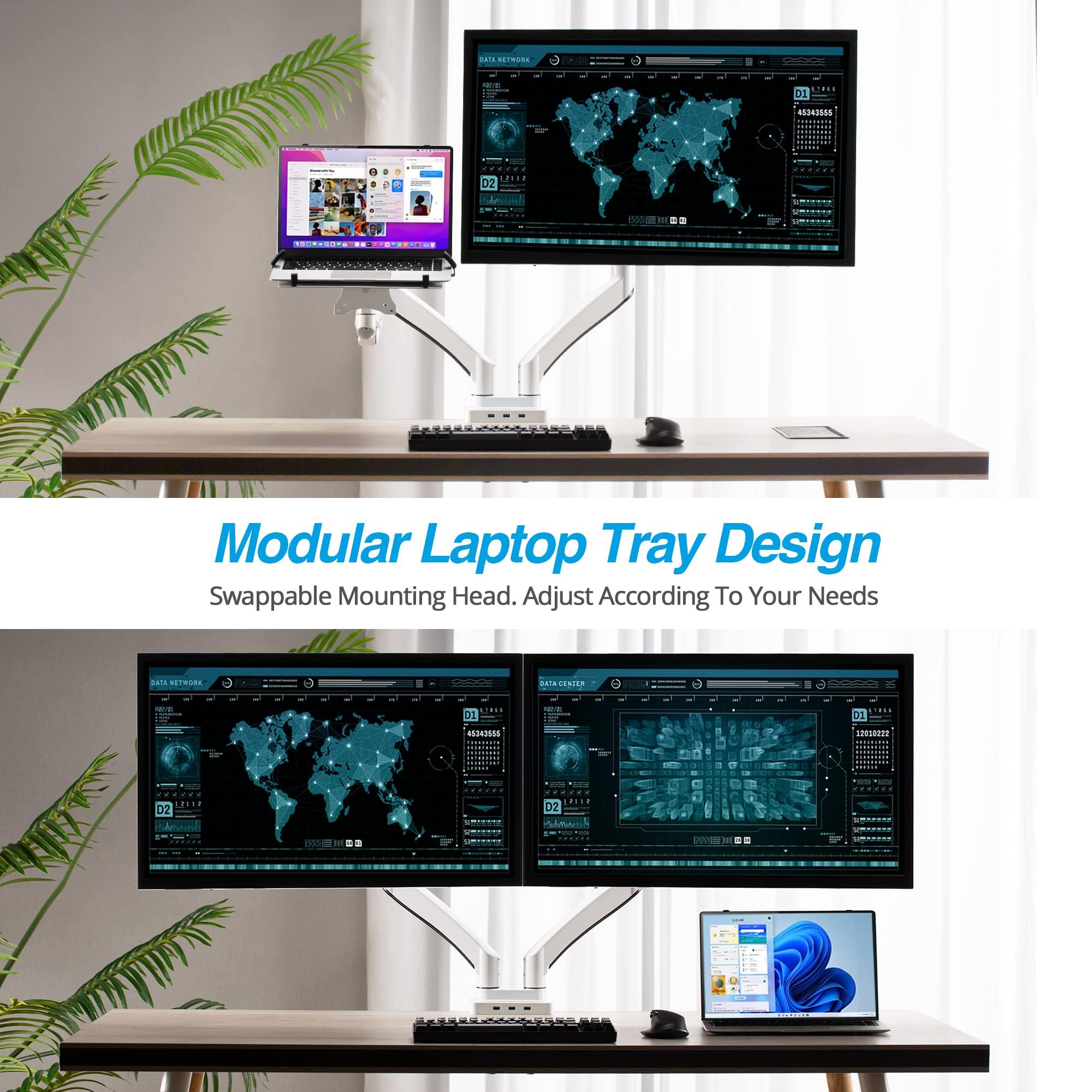AVLT AVLT Dual 17-43\" Monitor Arm Desk Mount with 15\" Laptop Tray and USB-C Docking Station, HDMI 4K60Hz, USB-A 5Gbps, Ethernet, 100W PD, Fits Two Flat/Curved Monitor - White