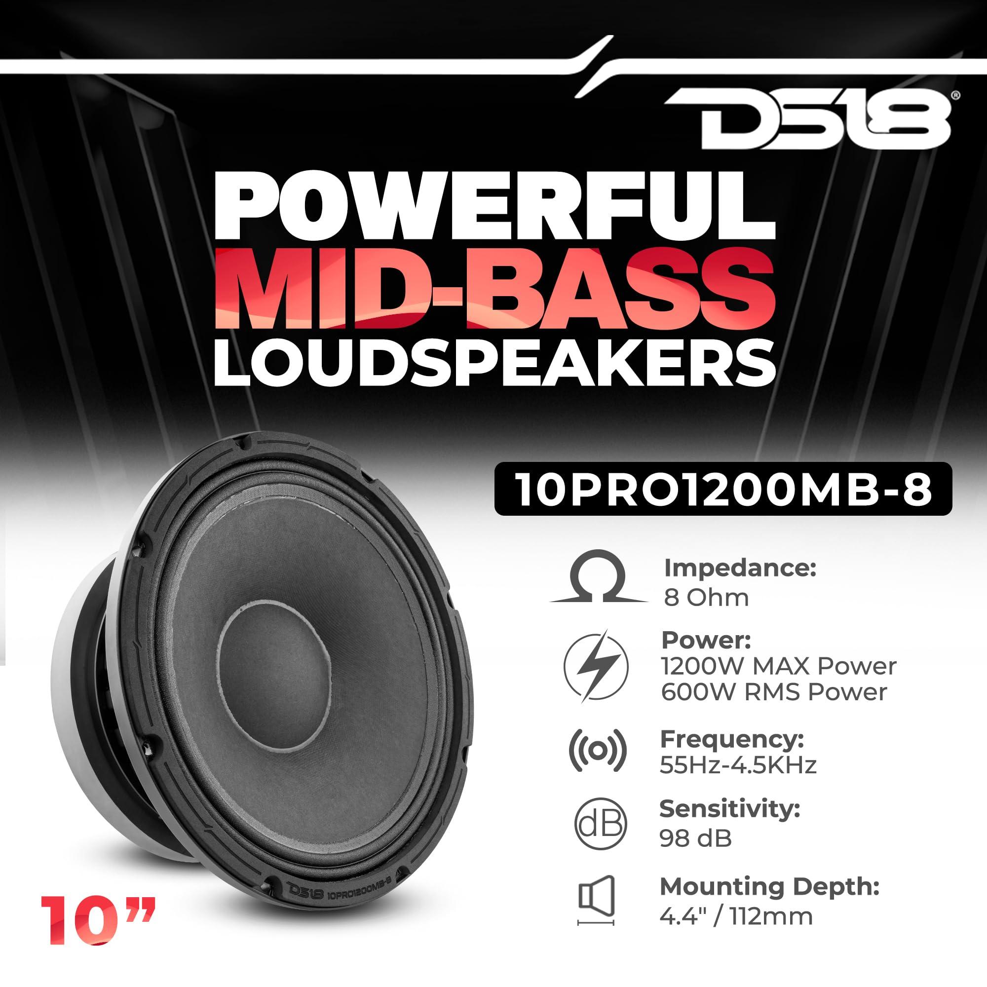 DS18 DS18 10PRO1200MB-8 10" Mid-Bass Loudspeaker 1200 Watts Max Power 600 Watts RMS 8-Ohm - Powerful Midbass for Competitive Builds - Pro Audio Stereo Sound System - 1 Speaker
