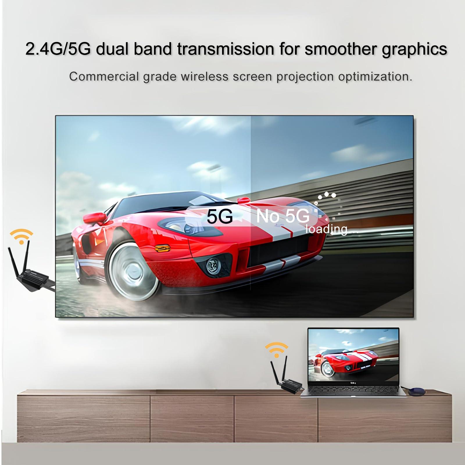 RIJER Wireless HDMI Transmitter and Receiver 4k decoding, One Transmitter and One Receivers, Long Range Wireless Transmission 656FT/200M,Plug-Play, 2.4/5.8G for PC/Laptop/TV to Monitor/Projector/HDTV