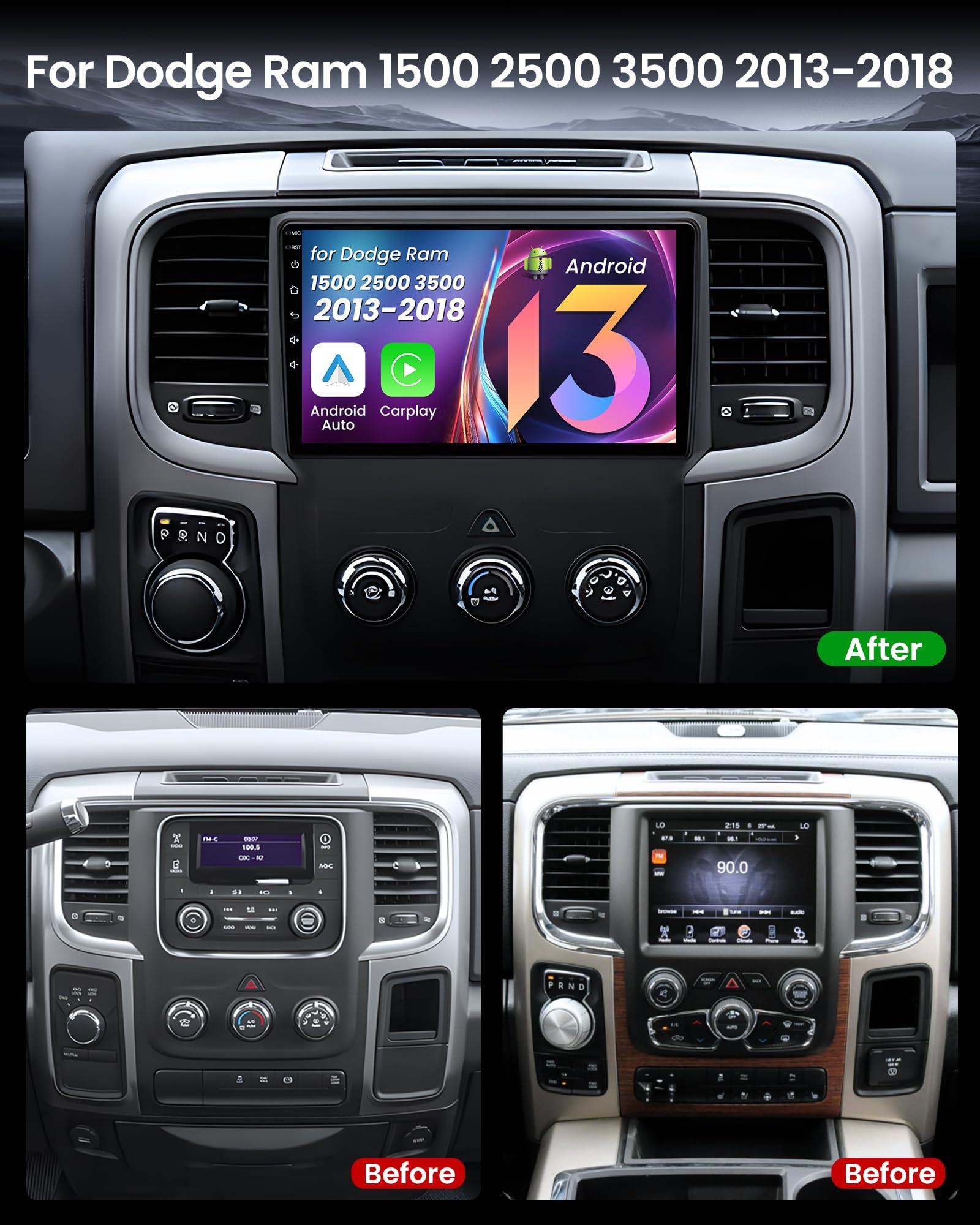 Fortdows Dodge RAM Car Stereo for 1500/2500/3500 2013-2018 9 Inch Android 13 Head Unit (4G+64G 8 Core) Featuring Wireless Apple CarPlay, Android Auto, Bluetooth, 5G WiFi, GPS Navigation