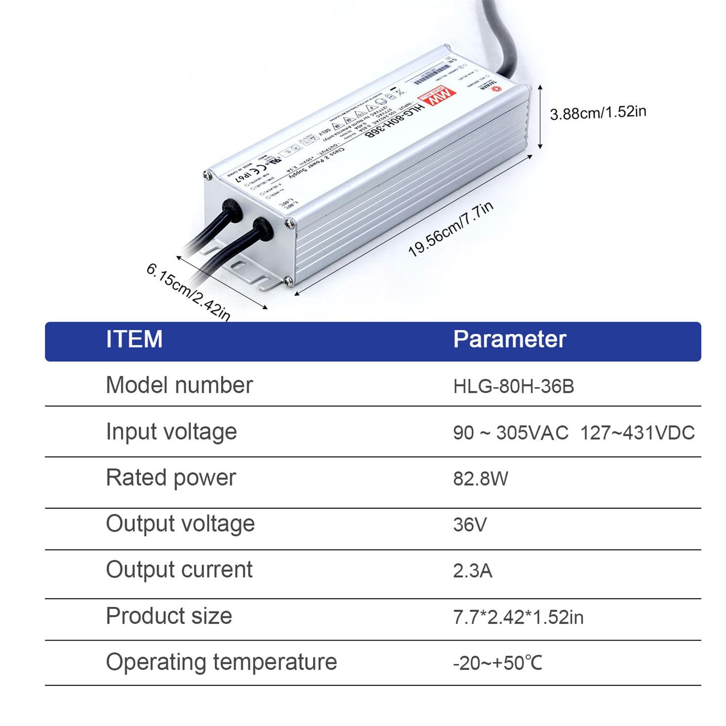 DrapeMania DrapeMania HLG-80H-36B Industrial Power Supply, 36V 2.2A 80W, IP67 Waterproof, Built-in PFC, for LED Lighting, Industrial Automation