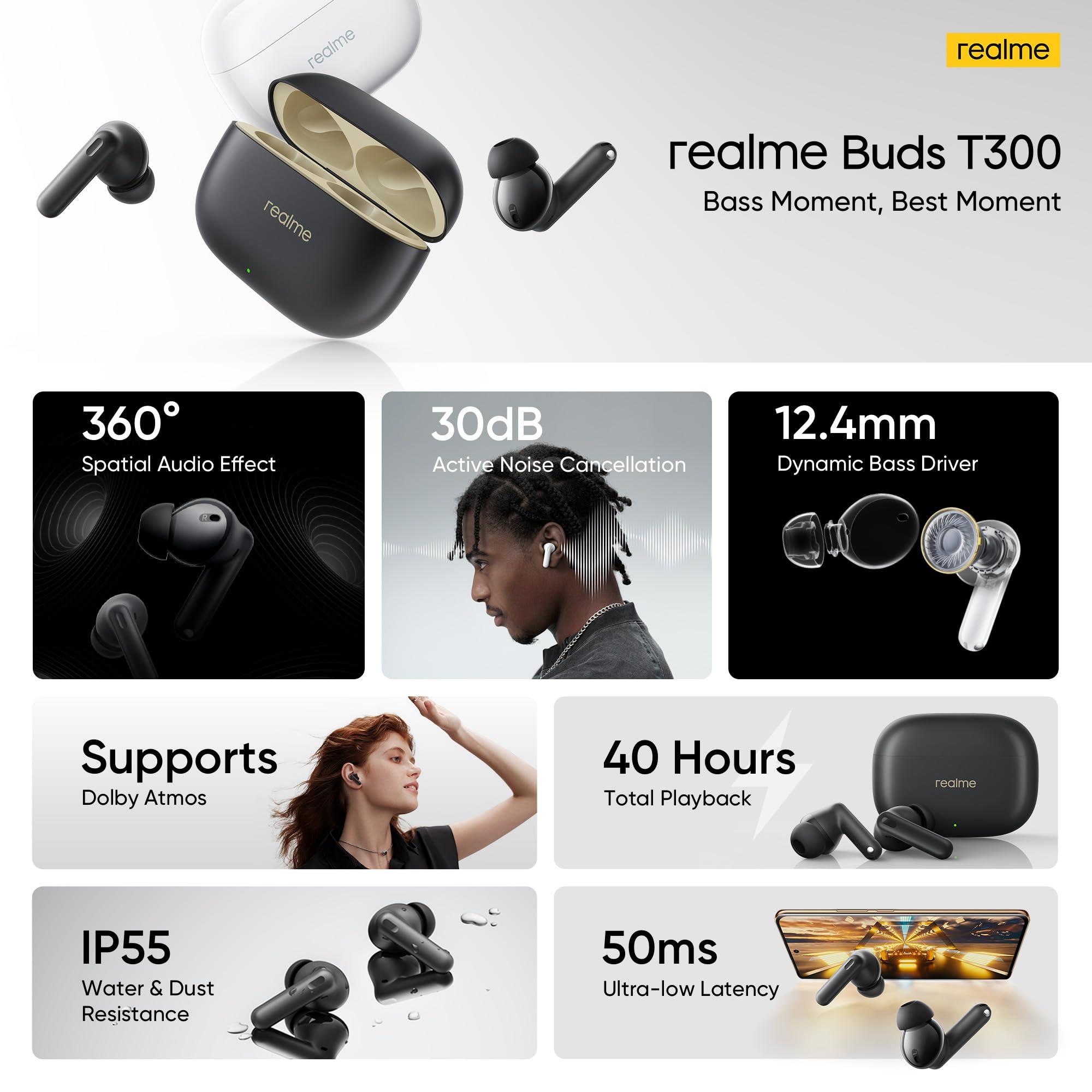 realme realme Earbud T300, Deep Bass, 30db ANC, Immersive Sound, Up to 40 Hour Playtime with Charging case, Bluetooth 5.3, Youth White