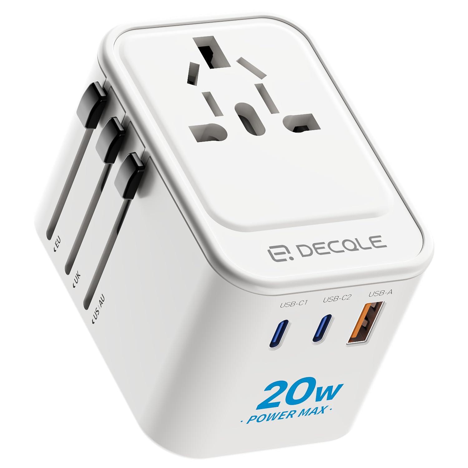 decqle decqle Universal Travel Adapter, International Travel Plug Adapter with 2 USB-C(PD 20W) 1 USB-A Ports, All in One Portable Adaptor, for USA, UK, EU, AU 224+ Countries (White) US