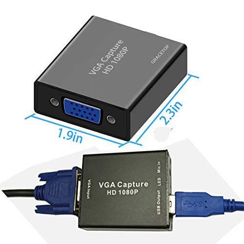 GRACETOP VGA Capture Card, VGA to USB Capture Device with Mic Input Support HD 720P Video for Gaming, Streaming, Teaching, Video Conference, Live Broadcasting