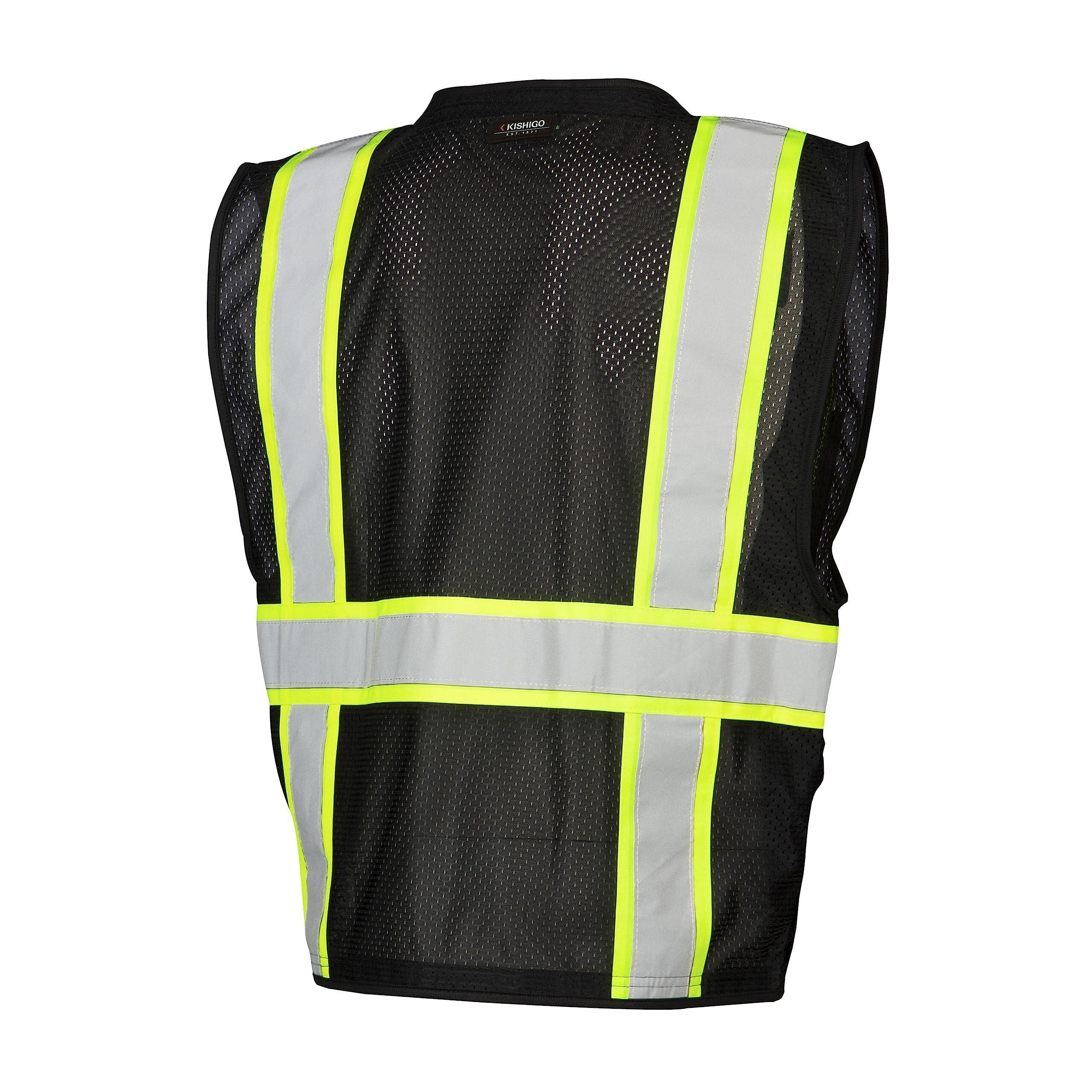 ML Kishigo Kishigo Black Enhanced Visibility Unisex Vest B100, Multi Pocket Mesh Hi-Vis Vest, Ultra-Cool Polyester Material, 6 Pockets, Zipper Front Closure, Construction Work Safety Vest (Black EV, LG-XL)