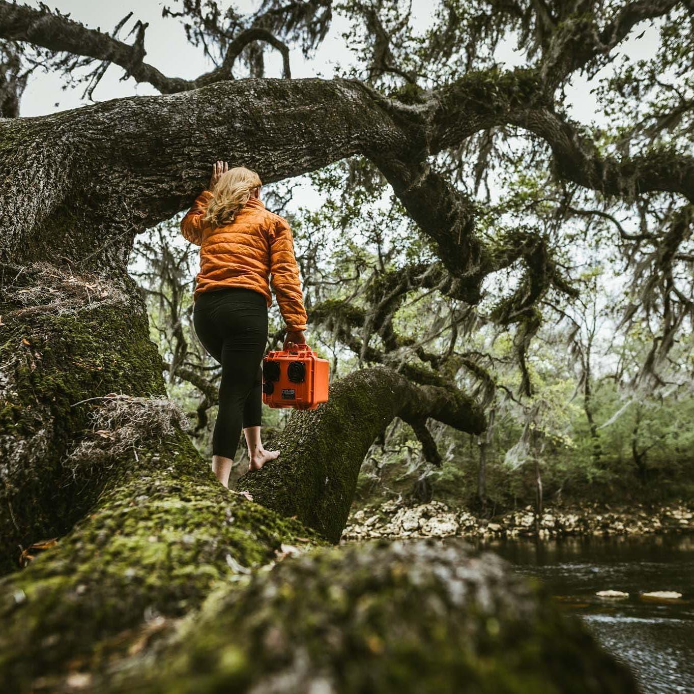 DemerBox Waterproof, Portable, and Rugged Outdoor Bluetooth Speakers. Loud Sound + Deep Bass, 40+ hr Battery Life, Dry Box + USB Charging, Multi-Pairing Party Mode (Haast Orange, DB2)