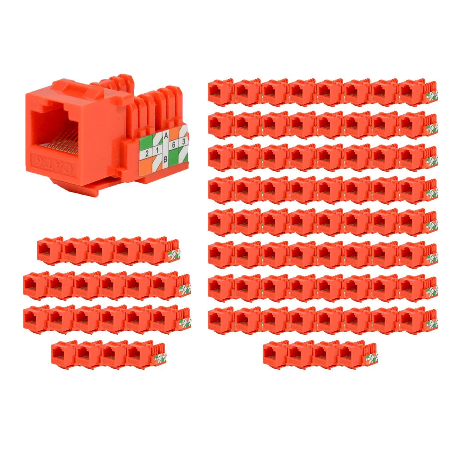 LOGICO LOGICO 100 Pieces Cat6 Keystone Jacks Orange with Dust Cap – 22-26 AWG PCB Female RJ45 Connectors for Network Ethernet Wall Jack Insert | Cat6 110 Punch Down Block Socket 8-Port, 8-Connector (8P8C)