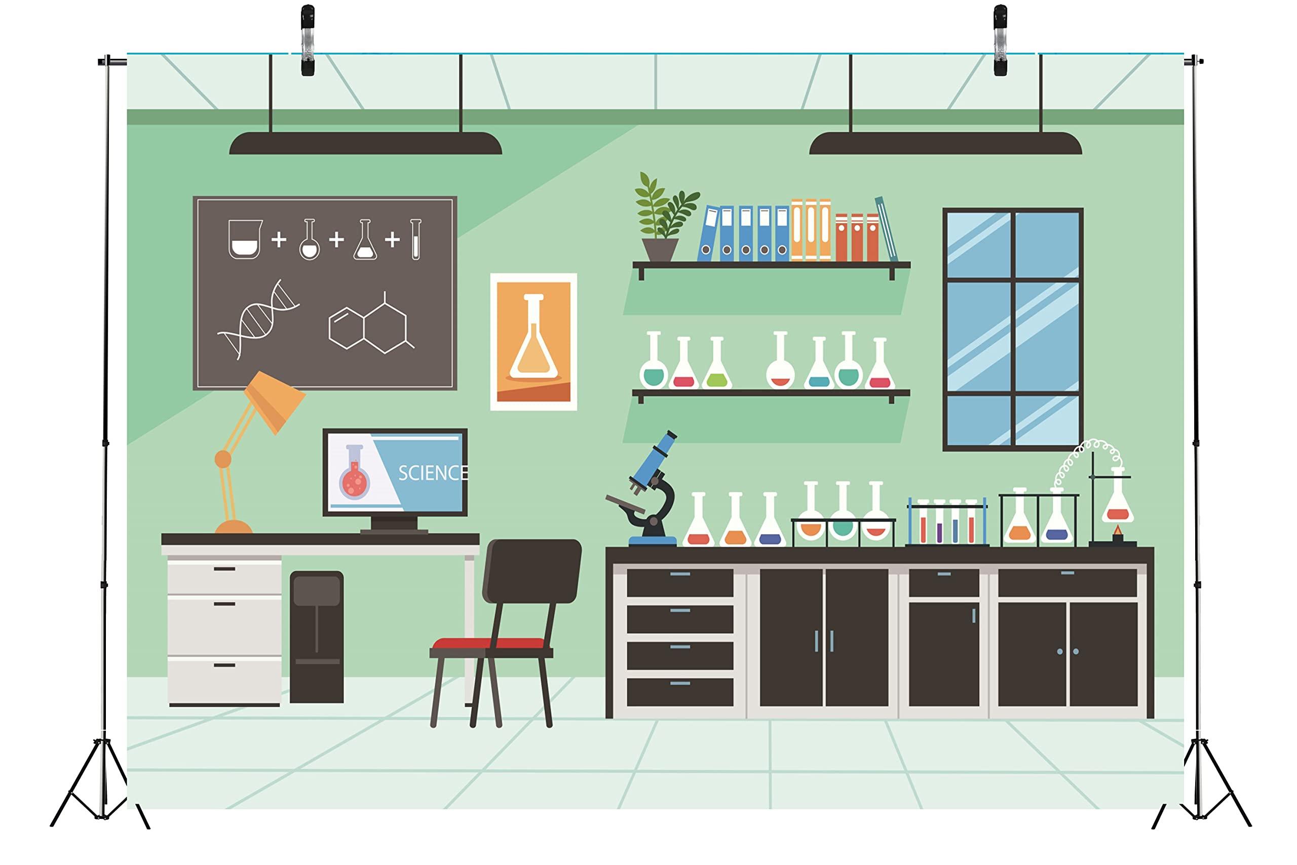 BELECO BELECO Science Lab Backdrop 5x4ft Fabric Cartoon Chemistry Lab Equipment Science Research Background Mad Science Birthday Party Decorations Science Fun Subject School Photo Shoot Studio Props