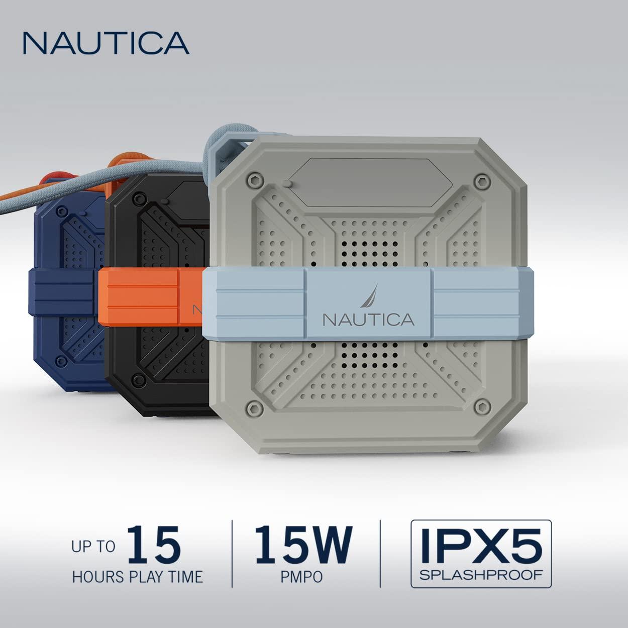 NAUTICA NAUTICA Bluetooth Portable Speaker, Waterproof Wireless Speaker, Outdoor, Bluetooth Patio Speakers, Loud Sound, Clear Audio, USB Drive, 15-Hour Playtime (Gray/Blue)