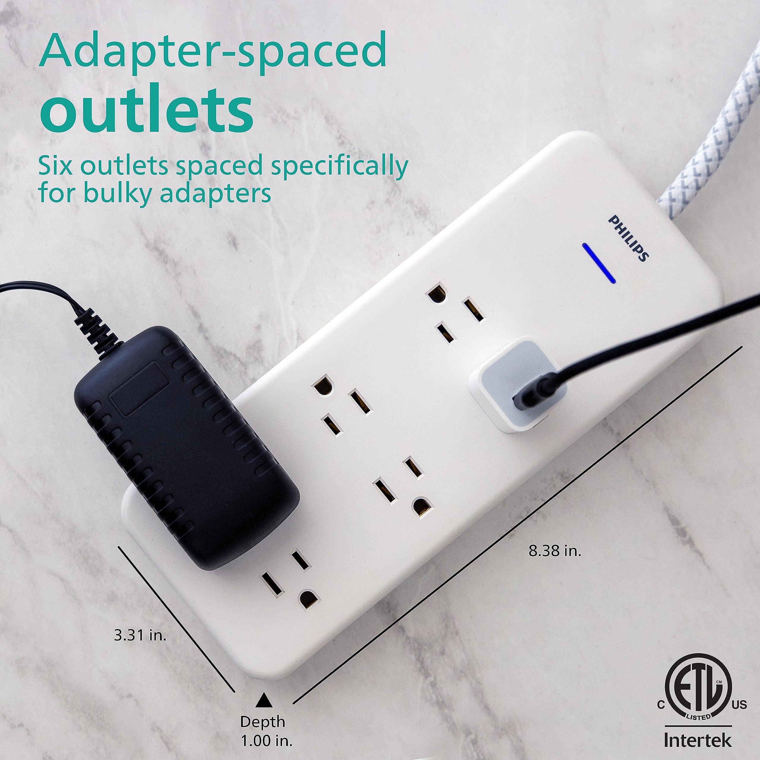 PHILIPS Philips Accessories EZFit 6-Outlet Surge Protector Power Strip, 8 Ft Braided Extension Cord, Widely Spaced Outlets, 1080 Joules, Flat Plug, for Home Office Dorm Essentials, White, SPC6066WB/37
