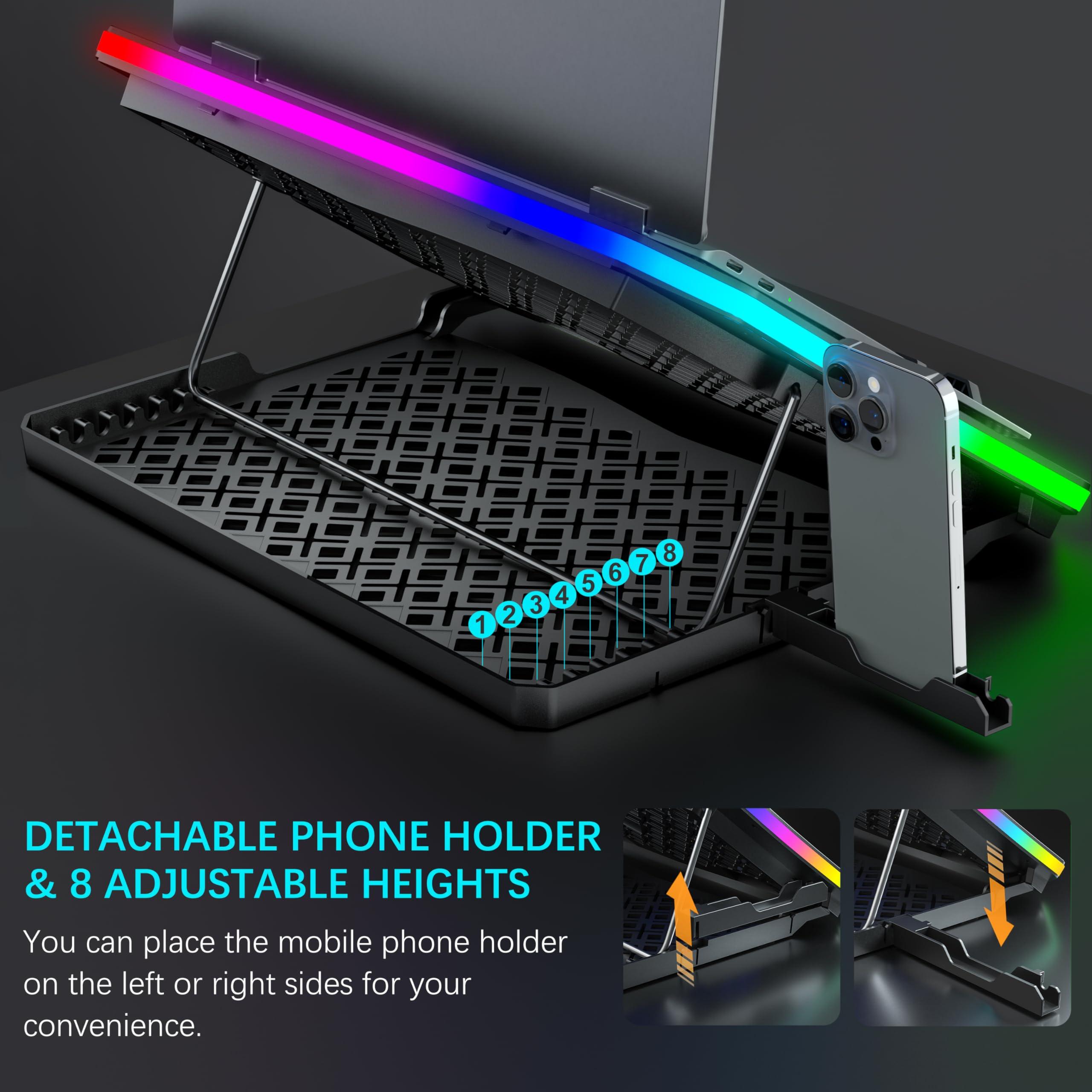 MOOJAY Laptop Cooling Pad RGB Gaming Notebook Cooler for Desk and Lap Use, MOOJAY Laptop Fan Stand 8 Adjustable Heights with 8 Quiet Fans and Phone Holder, for 15.6-17.3 Inch Laptops - Blue LED Light