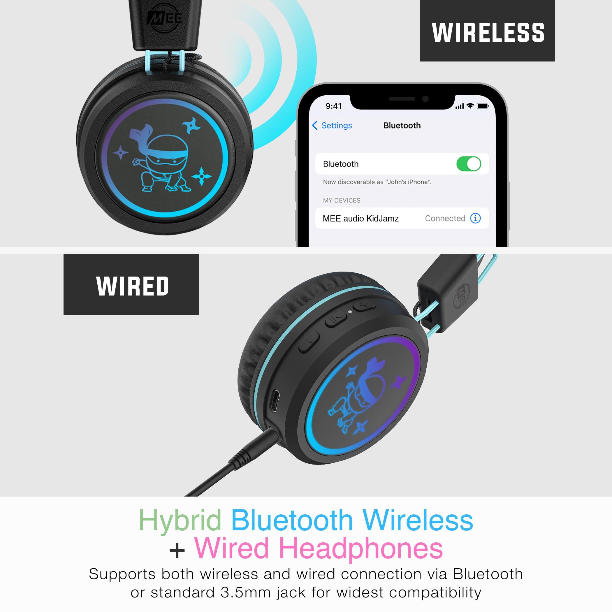 MEE audio MEE audio KidJamz KJ55BT Personalized Bluetooth Wireless Safe Listening Headphones for Kids w/Custom LED-Backlit Design, Volume Limiter, Microphone; Kids Headset for School/iPhone/iPad/Tablet (Black)