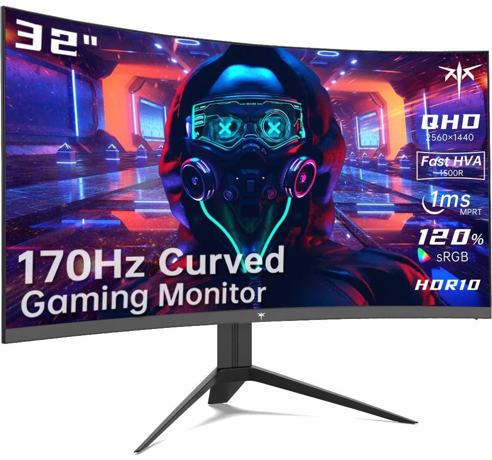 KTC KTC 32 inch Curved Gaming Monitor, 2K 170Hz Monitor, 1440P 144Hz Monitor, 1500R Frameless, 1ms, HDR, FreeSync Premium, DisplayPort/HDMI/USB, VESA Wall Mount, PC Monitor, H32S17