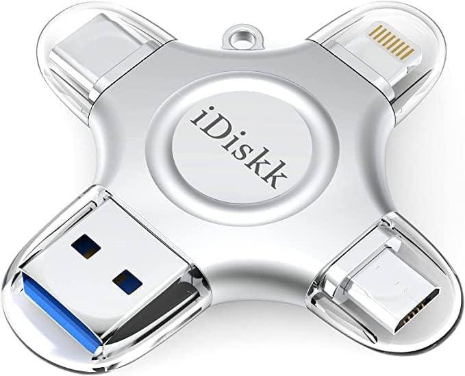 iDiskk [MFi Certified] 128GB Flash Drive for iPhone iPad USB 3.0 Lightning Drive 4 in 1 Multi Functional External Storage for iOS and Android Samsung Phones Type c Devices and MacBook idiskk Thumb Drive