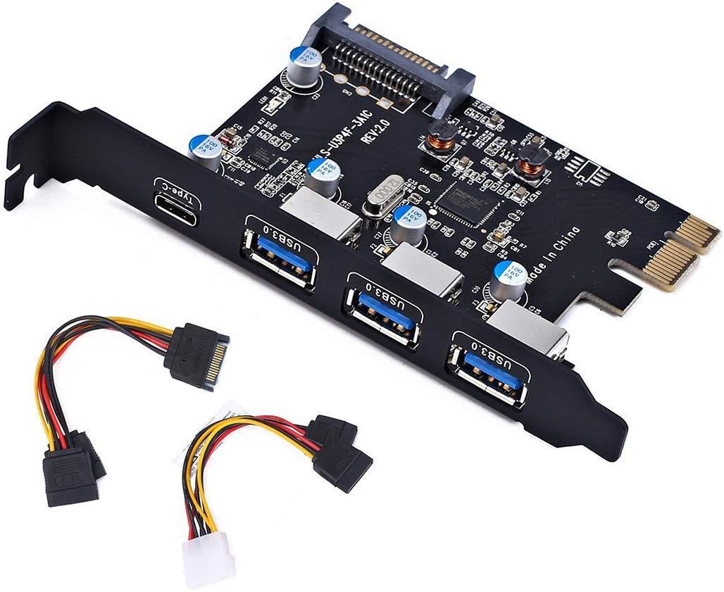 YEELIYA PCI Express(PCIe) to USB 3.0 Type C +Type A Expansion Card,PCI-E to USB Add-on Cards with 4 Ports USB 15 Pin SATA Power Connector for Desktop PC