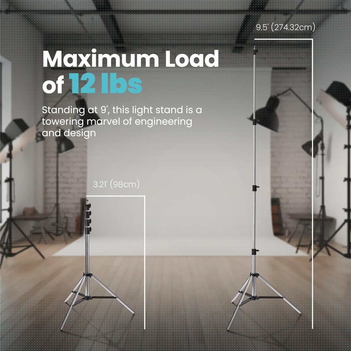 Flashpoint Flashpoint 9.5' Pro Air Cushioned Heavy Duty Light Stand for Photography, Lightwight and Durable Portable Photography Light Stand Tripod is Suitable for Pro Photography (Chrome)