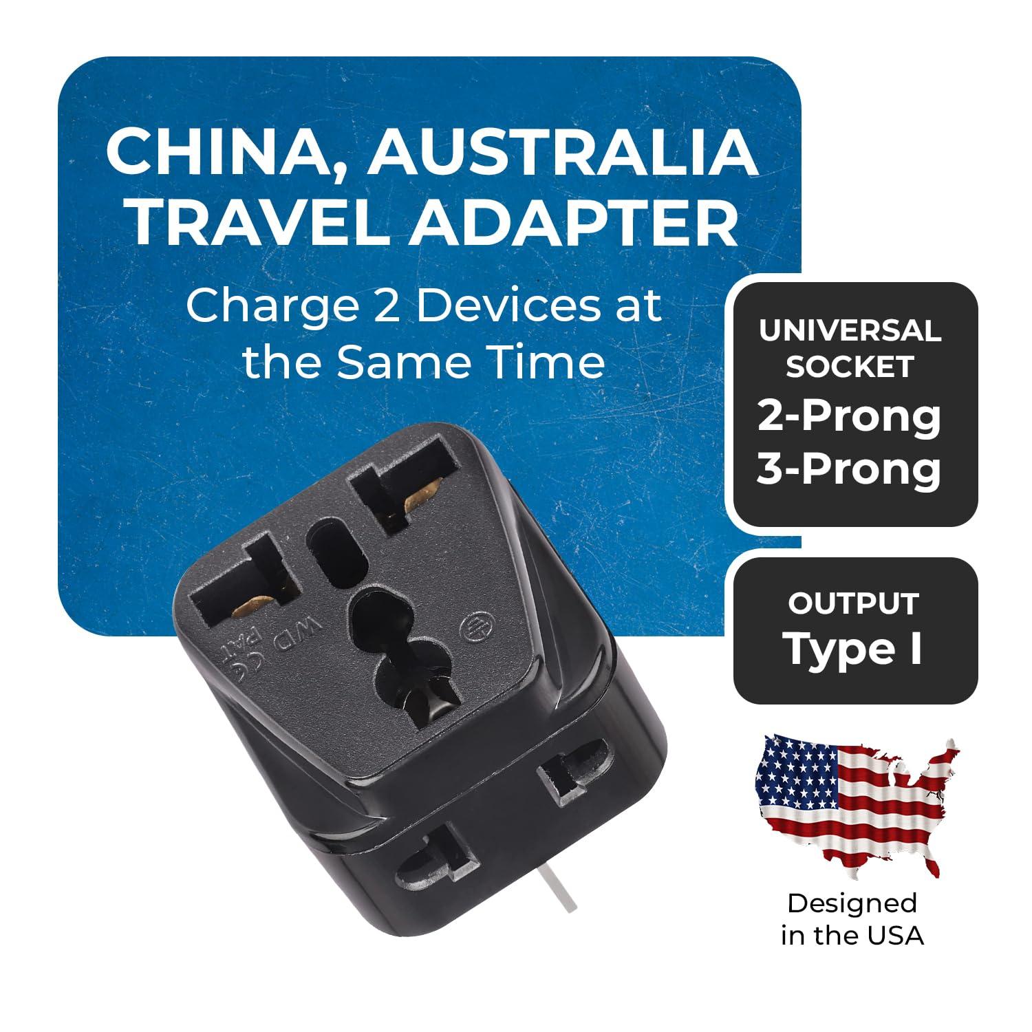 OREI OREI Australia, New Zealand, China Power Plug Adapter 2-in-1 AU Travel Adapter with Universal Socket & USA Outlet Type I 2 Pack