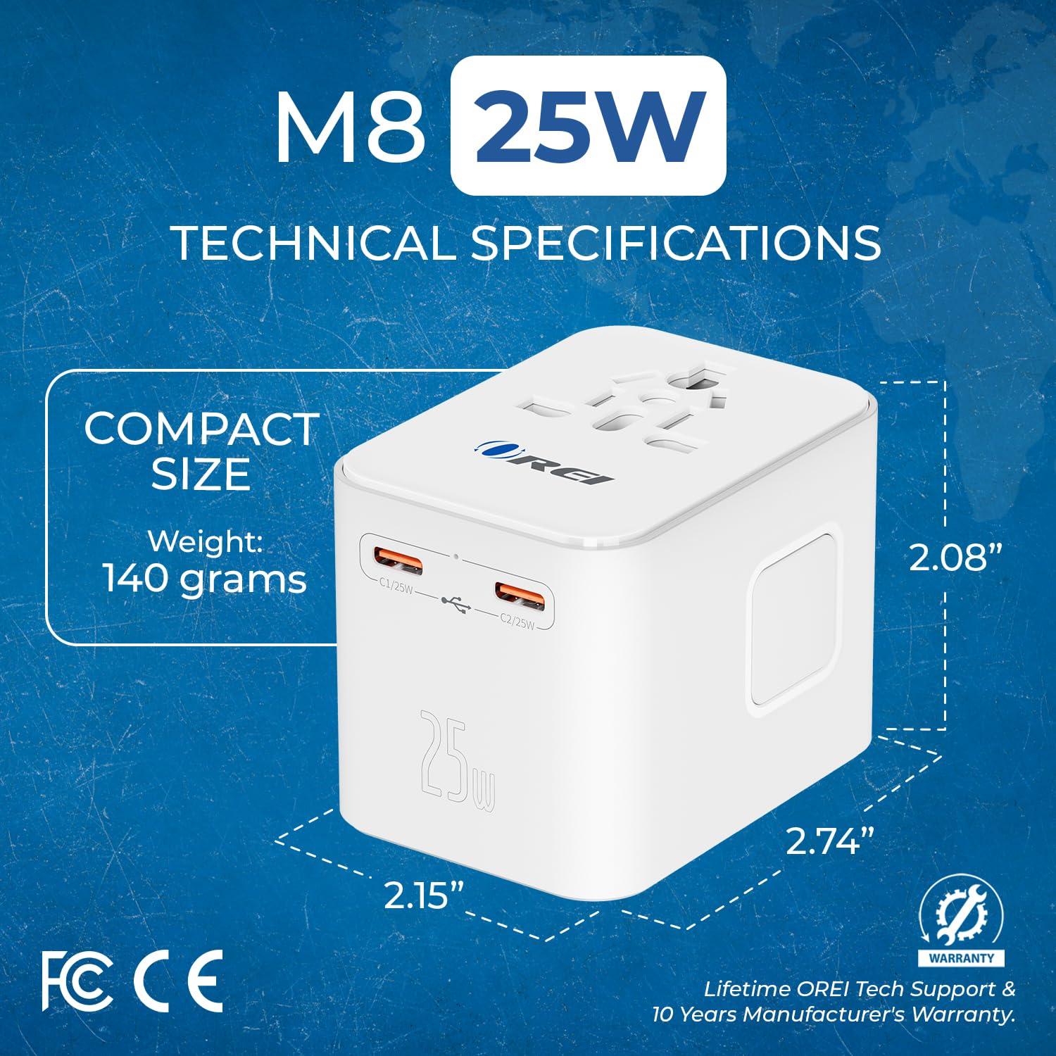 OREI OREI World Travel Plug Adapter - 2 USB + 1 Universal Outlets - Slots for Europe, Asia, China, Japan, Africa - Perfect for Cell Phones, Tablets, Cameras and More