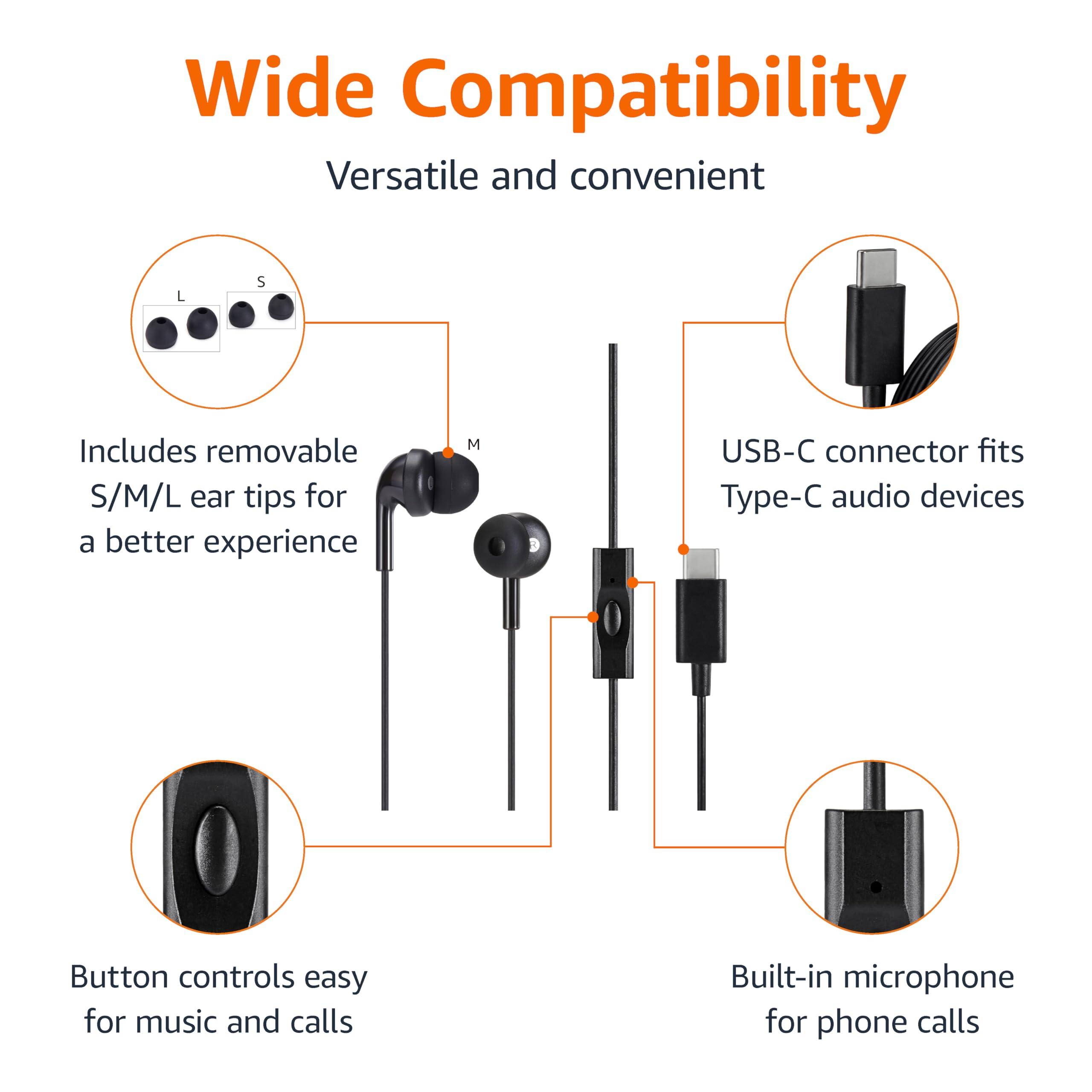 Amazon Basics Amazon Basics USB-C Wired Earbuds with Microphone, In Ear Headphones, 4.2 ft long cable, S/M/L Ear Tips, One size, Black