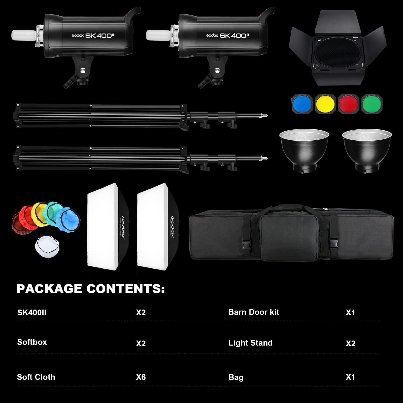 GODOX Godox SK400II 400W Studio Strobe Flash 2Pack Kit 2.4G Wireless X System Bowens Mount 5600200K with Standard Reflector,BD-04,Softbox,Light Stand,for Photography