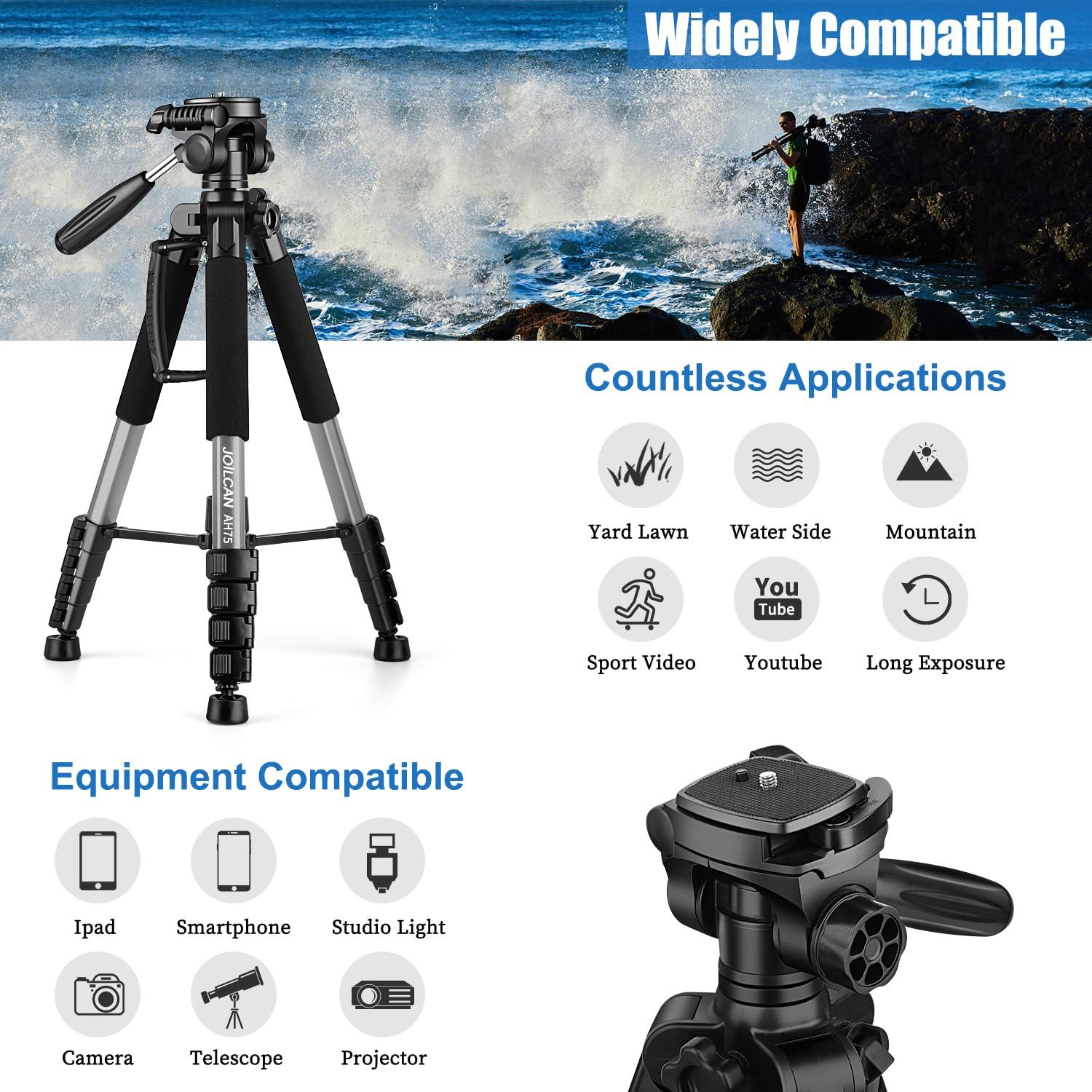 JOILCAN JOILCAN Tripod Camera Tripods, 74" Tripod for Camera Cell Phone Video Recording, Heavy Duty Tall Camera Tripod Stand, Professional Travel DSLR Tripods Compatible with Canon iPhone