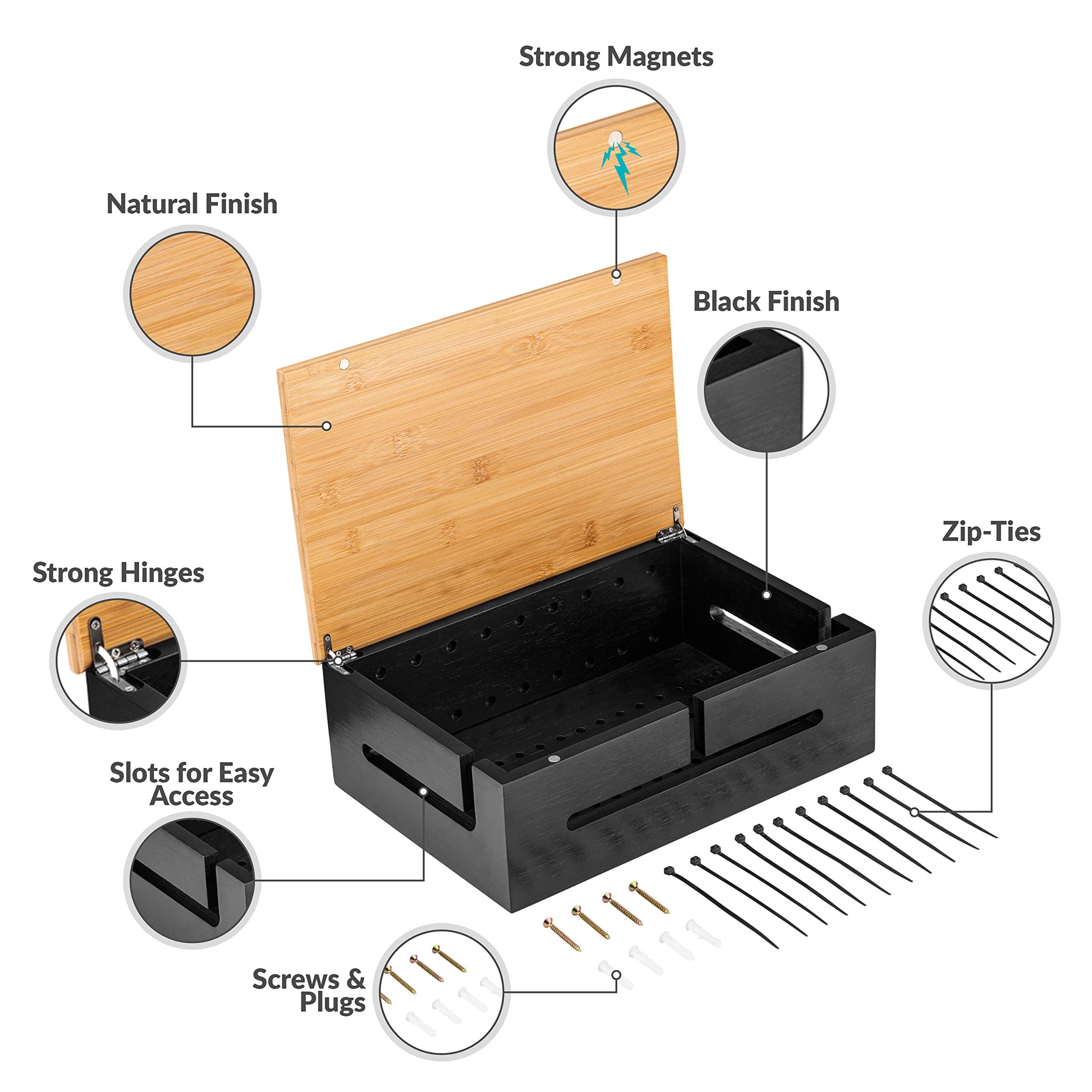 Kos Design Cable Management Box with Magnetic Bamboo Lid & Cable Ties- Elegant, Durable Cable Organizer Box to Hide Cords and Power Strip- Wall Mountable Cable Box Hider for Home, Office, Desk & More (Black)