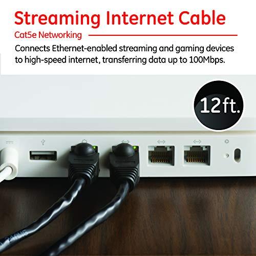 GE home electrical GE Cat5E Ethernet Cable, 12ft Ethernet Cable, Up to 100Mbps, Rated 100 Mhz, UTP, for High Speed Internet Devices, Streaming Devices, Routers, RJ45 Connectors, for Home or Office, Black, 33591