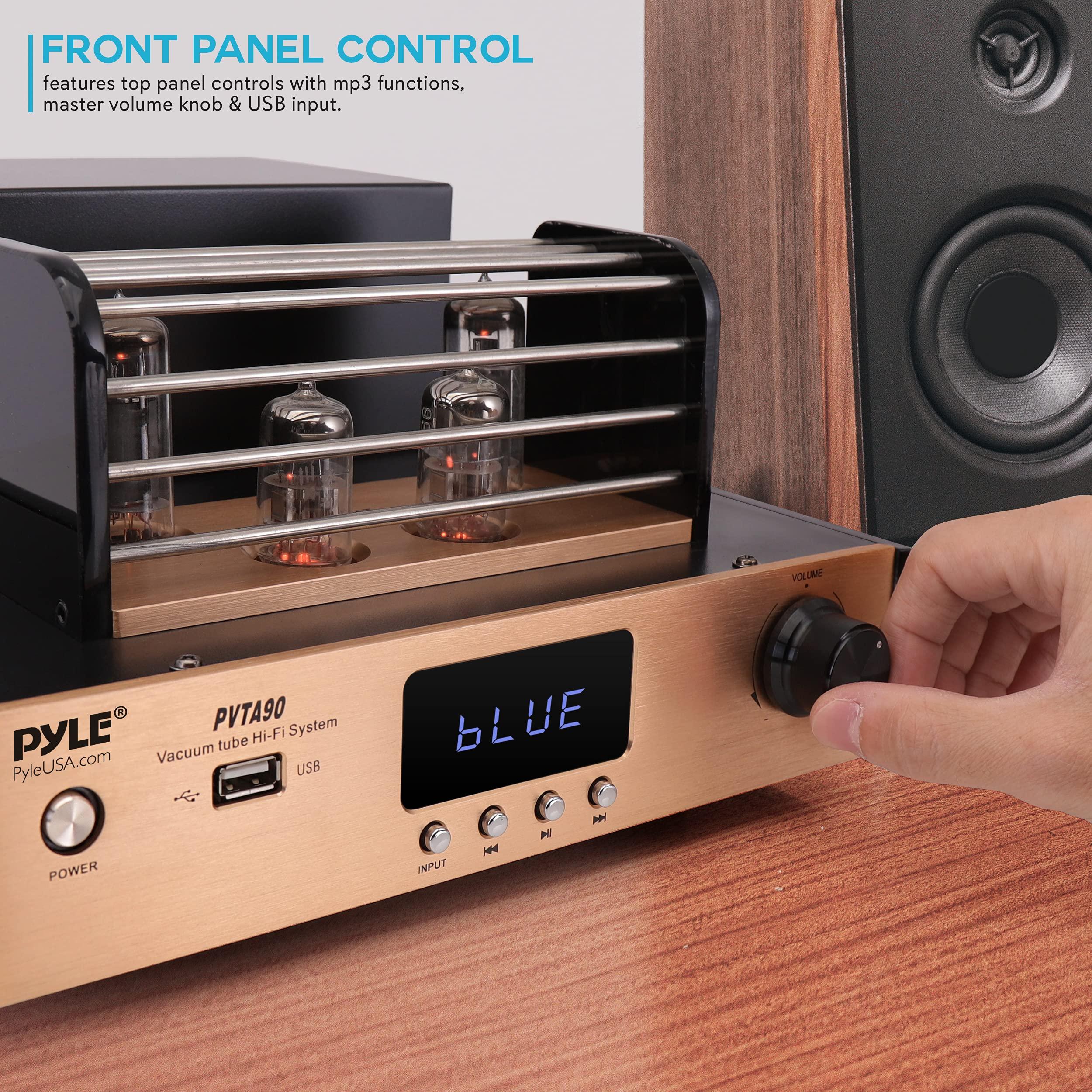 Pyle Bluetooth Tube Amplifier Stereo Receiver - 1000W Home Audio Desktop Stereo Vacuum Hi-Fi Power Amplifier Receiver w/ 4 Vacuum Tubes, USB/CD/DVD Input, Subwoofer Output - Pyle PVTA90