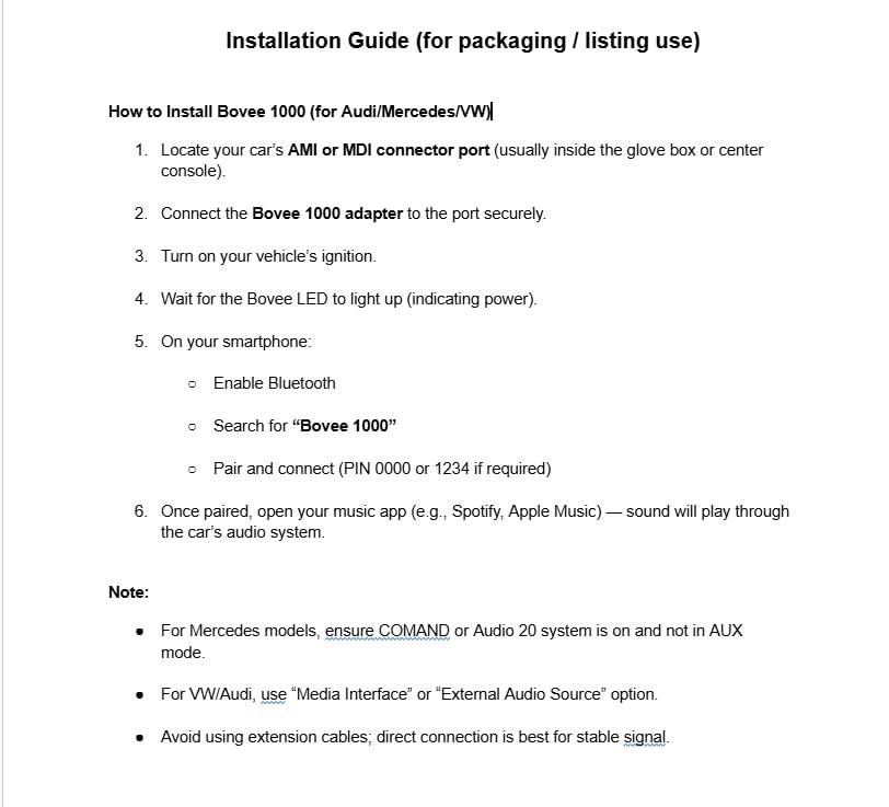 Bovee Bovee 1000 - Wireless Music Interface Adaptor Compatible with Audi, Mercedes, and Volkswagen car kit with 30 pin iPod Connector - Compatible with iPhone and Android