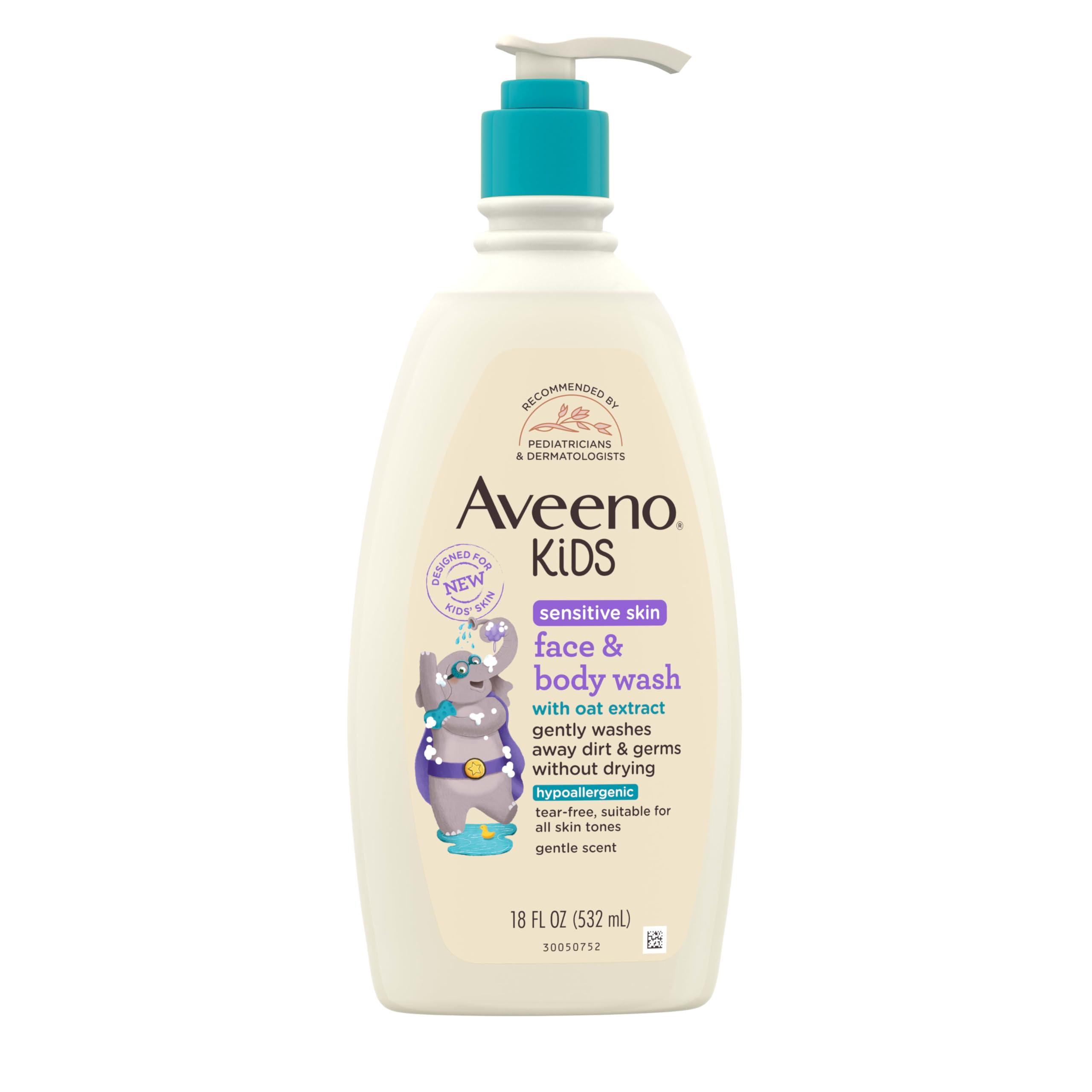 AVEENO BABY Aveeno Kids Sensitive Skin Face & Body Wash with Oat Extract, Gently Washes Away Dirt & Germs Without Drying, Tear-Free & Suitable for All Skin Tones, Hypoallergenic, 18 fl. Oz