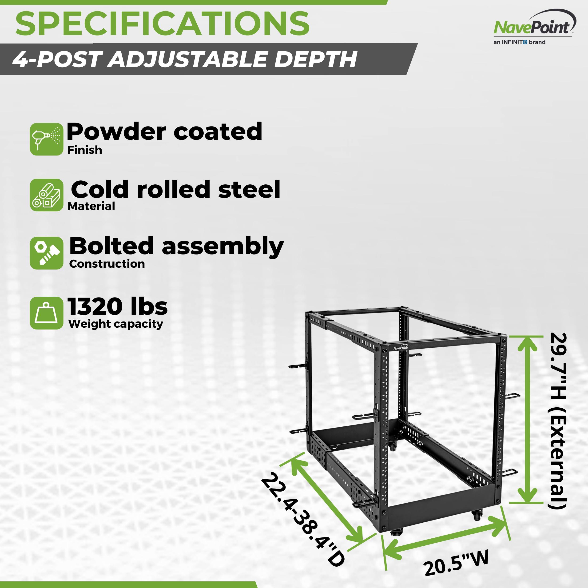 NavePoint NavePoint 12U 4 Post Server Rack Open Frame Rack for 19 Inch Equipment, Adjustable Depth 4-Post Network Rack with Casters Wheels, 12U Server Rack 1320lbs Capacity, Black