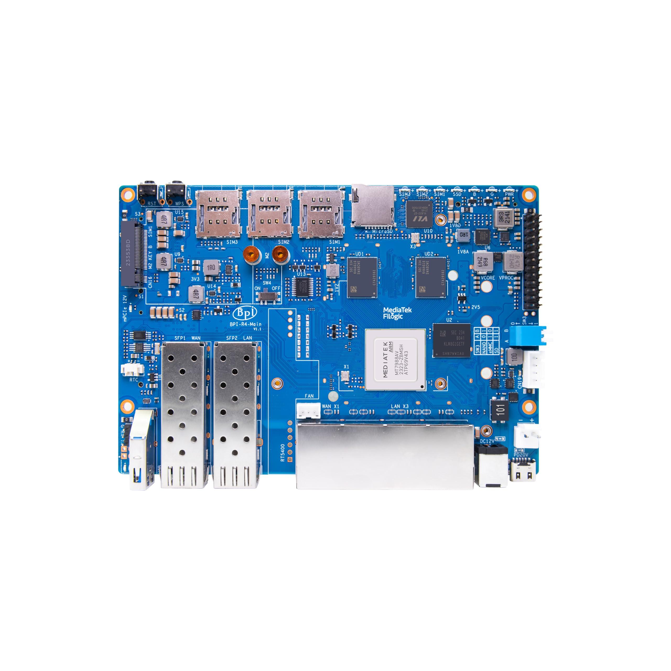WayPonDEV Banana Pi BPI-R4 WiFi 7 Wireless Dual-Band WiFi Router Board OpenWRT, with MediaTek MT7988A (Filogic 880) SoC, Support 2X 10GbE SFP and 4X GbE Gigabit Ethernet for NAS Smart Home Gateway (Bundle3)