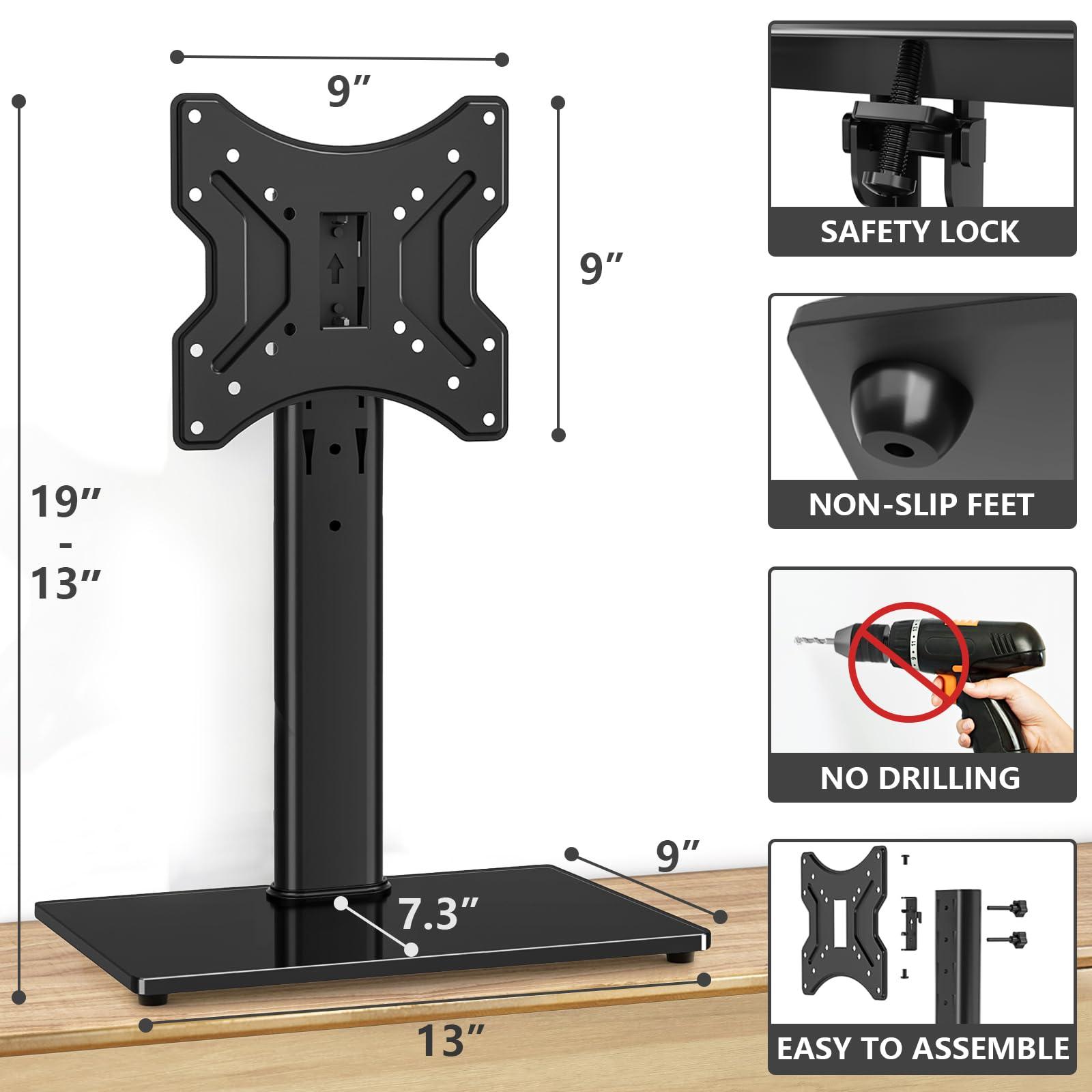 TVON TVON Universal TV Stand Base, Swivel Table Top TV Stand for 20-43 inch TVs/Monitors with 4 Level Height Adjustment and Tempered Glass Base, Holds up to 88LBS, VESA 200x200mm
